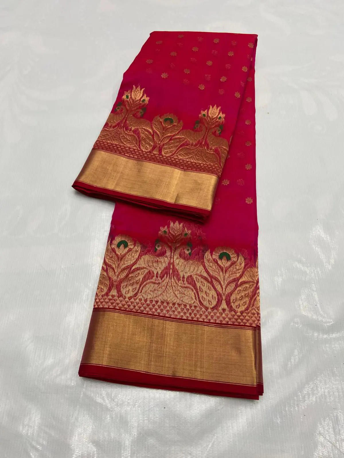 Handwoven Rani Pink Rani Pink with Gilded Zari Booti Kataan Silk - Authentic Chanderi Silk Saree Chanderi Saree - View 3
