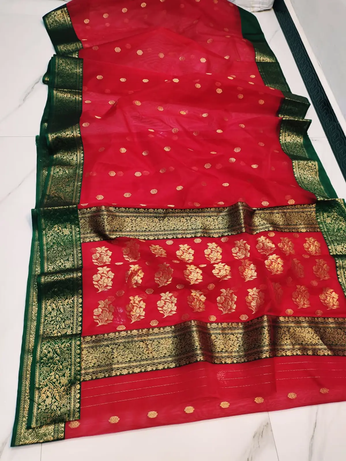Handwoven Rani Pink Rani Pink with Gold Floral Booti Kataan Silk - Authentic Chanderi Silk Saree Chanderi Saree - View 2