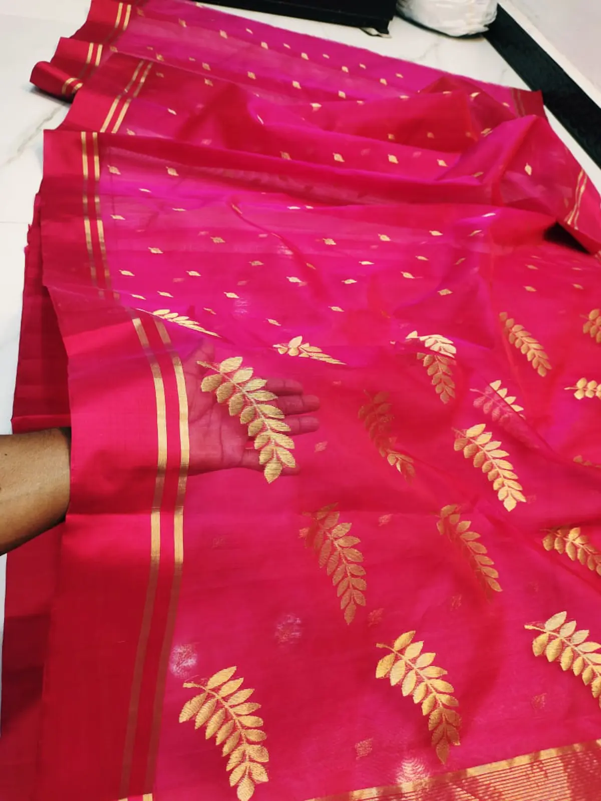 Rani Pink with Golden Leaf Motifs Kataan Silk - Handloom Chanderi Saree