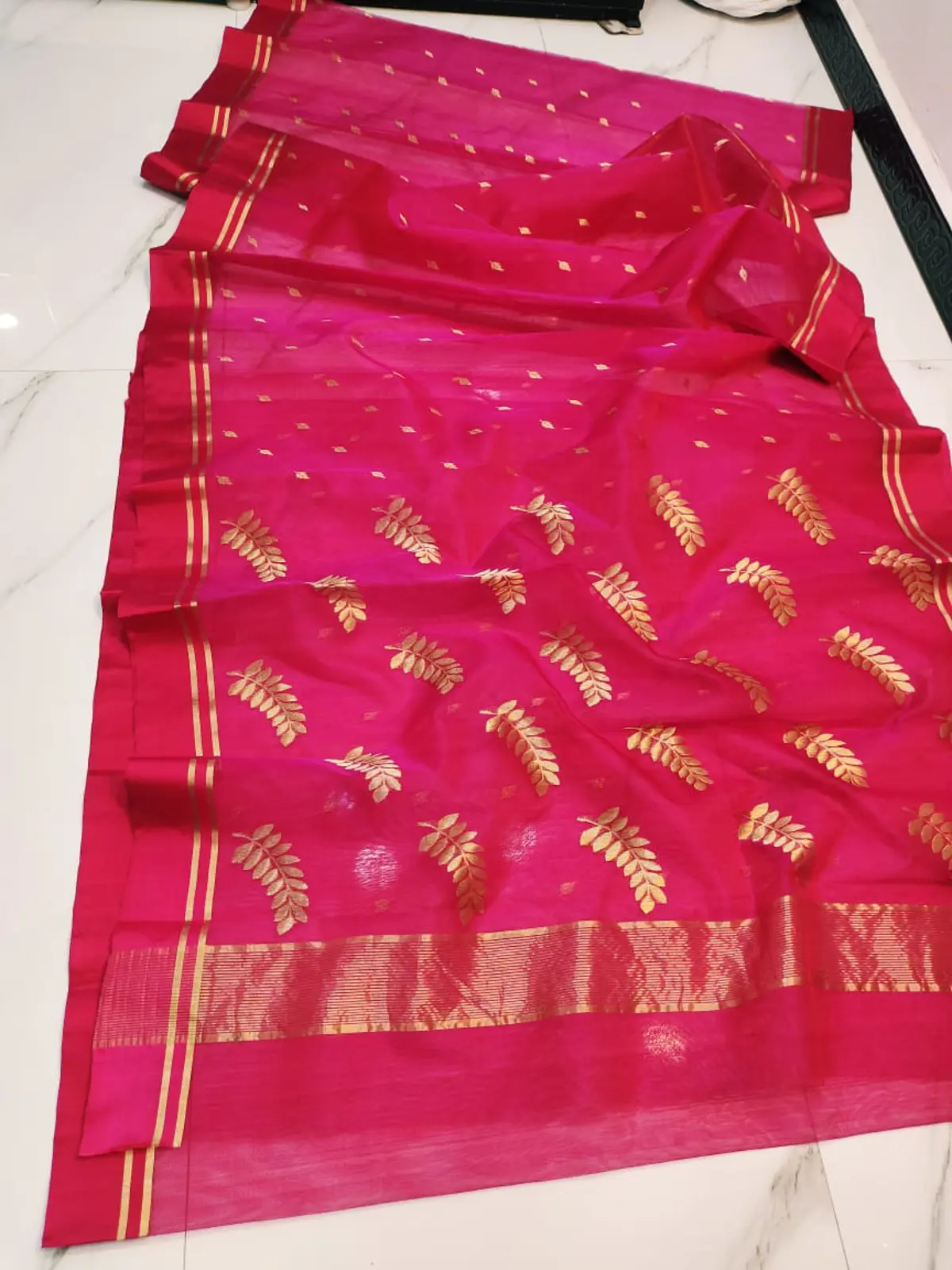 Handwoven Rani Pink Rani Pink with Golden Leaf Motifs Kataan Silk - Authentic Chanderi Silk Saree Chanderi Saree - View 2