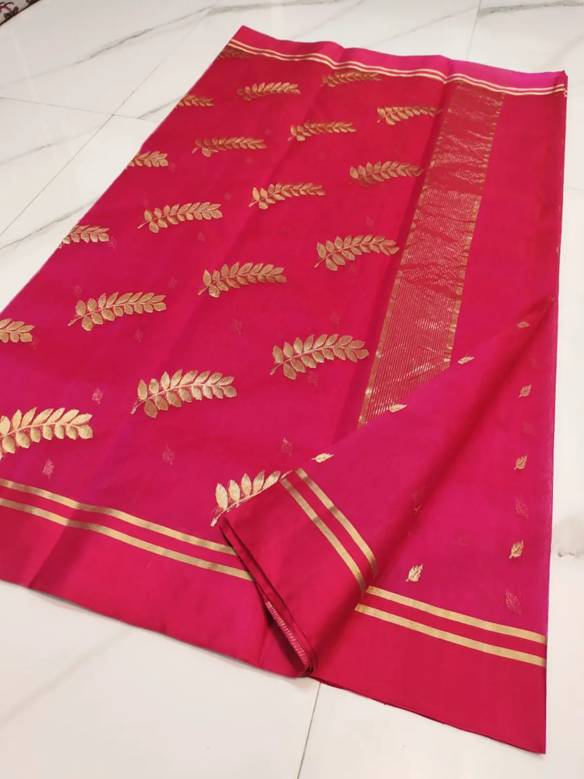 Handwoven Rani Pink Rani Pink with Golden Leaf Motifs Kataan Silk - Authentic Chanderi Silk Saree Chanderi Saree - View 4