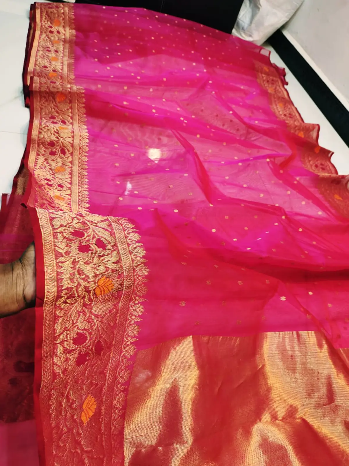 Rani Pink with Opulent Gold Zari Weave Kataan Silk - Handloom Chanderi Saree