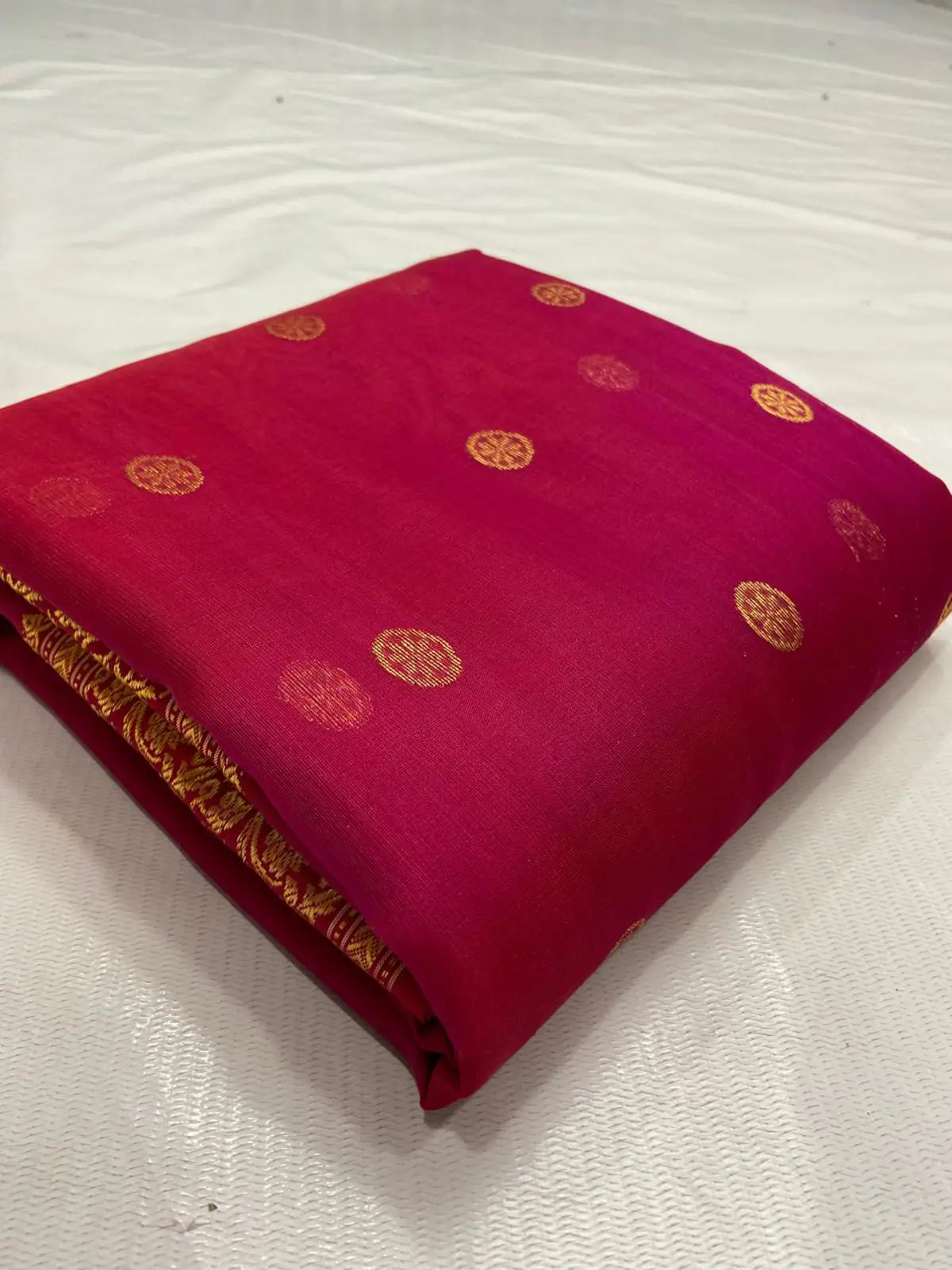Rani Ruby with Antique Gold Buttis and Border Kataan Silk - Handloom Chanderi Saree