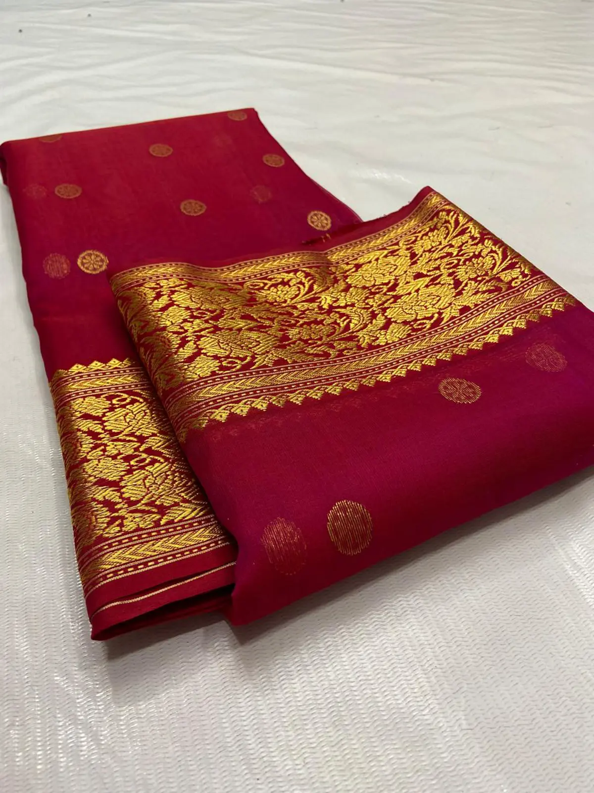 Handwoven Rani Ruby & Antique Gold Rani Ruby with Antique Gold Buttis and Border Kataan Silk - Authentic Chanderi Silk Saree Chanderi Saree - View 2