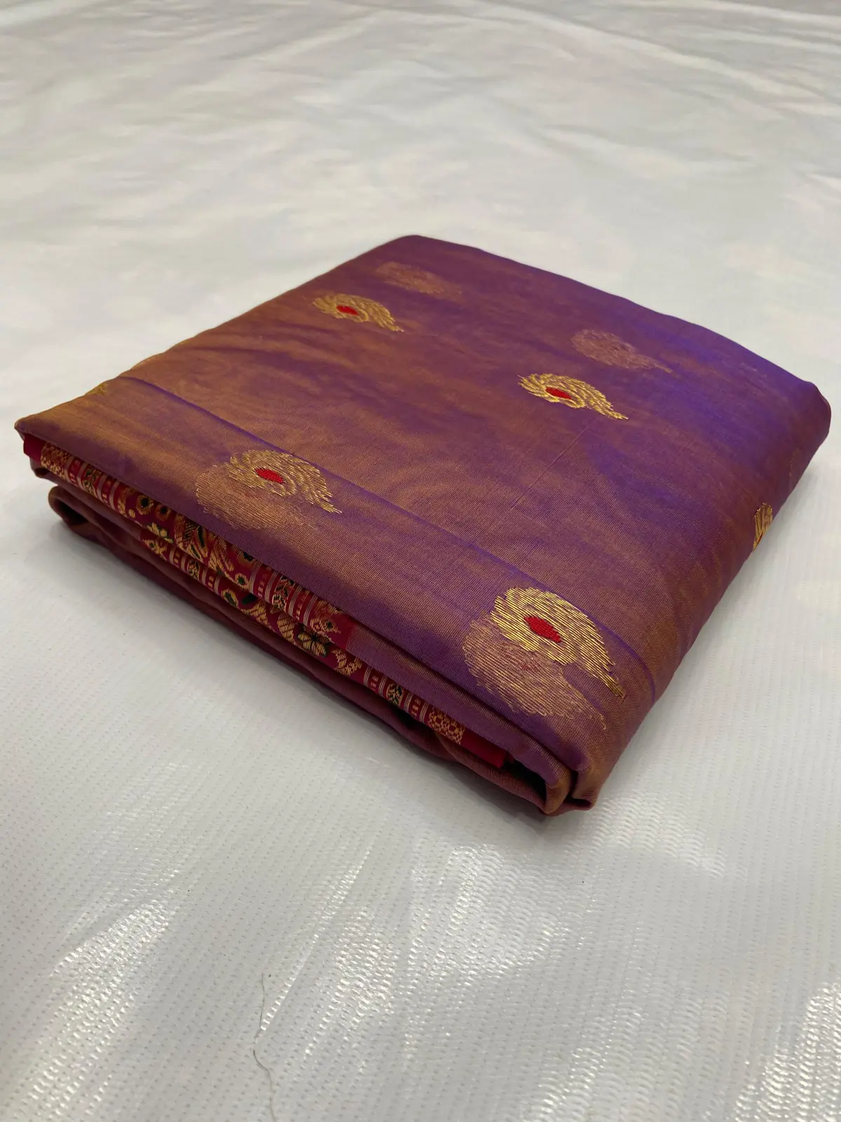 Handwoven Regal Amethyst with Scarlet Accents Regal Amethyst with Antique Gold Paisley Motifs and Scarlet Border Kataan Silk - Authentic Chanderi Silk Saree Chanderi Saree