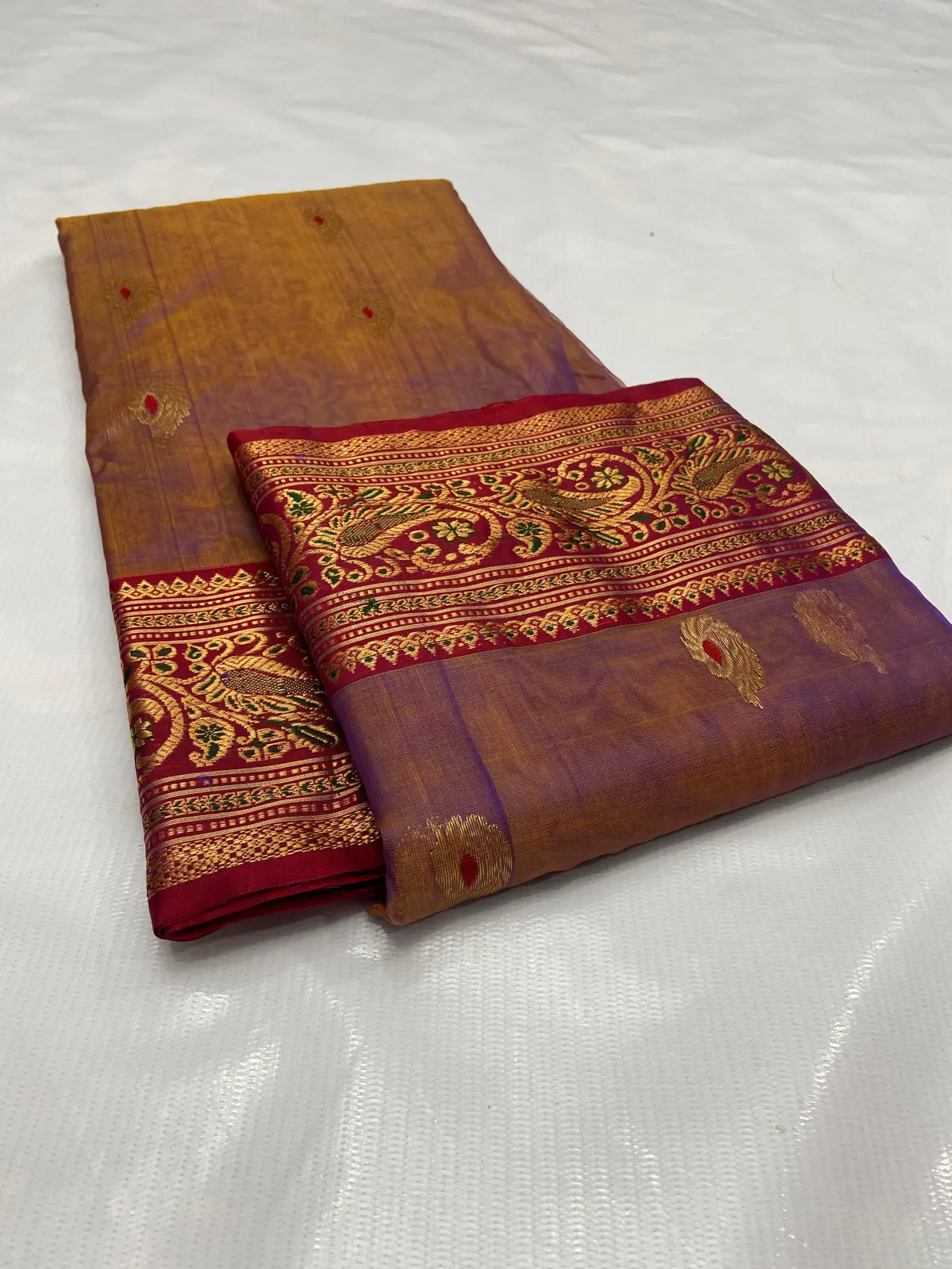 Handwoven Regal Amethyst with Scarlet Accents Regal Amethyst with Antique Gold Paisley Motifs and Scarlet Border Kataan Silk - Authentic Chanderi Silk Saree Chanderi Saree - View 2