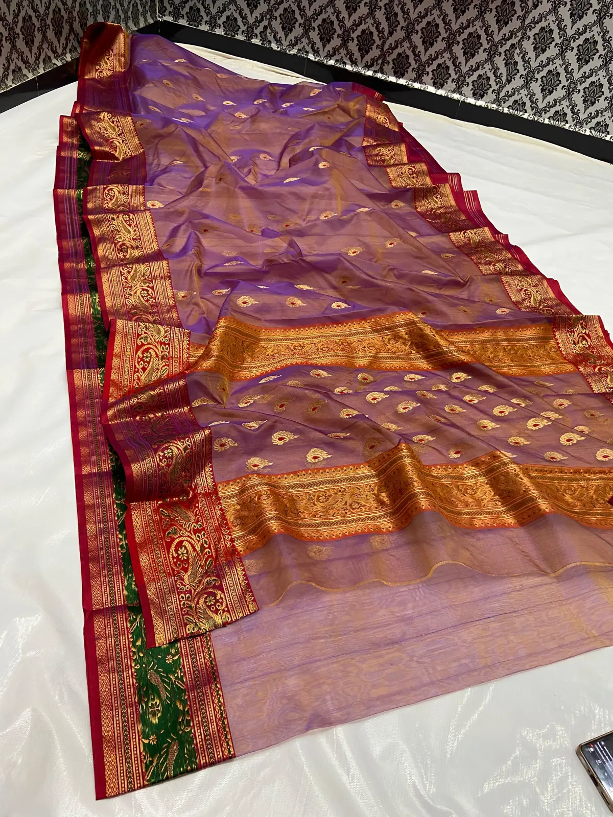 Handwoven Regal Amethyst with Scarlet Accents Regal Amethyst with Antique Gold Paisley Motifs and Scarlet Border Kataan Silk - Authentic Chanderi Silk Saree Chanderi Saree - View 4