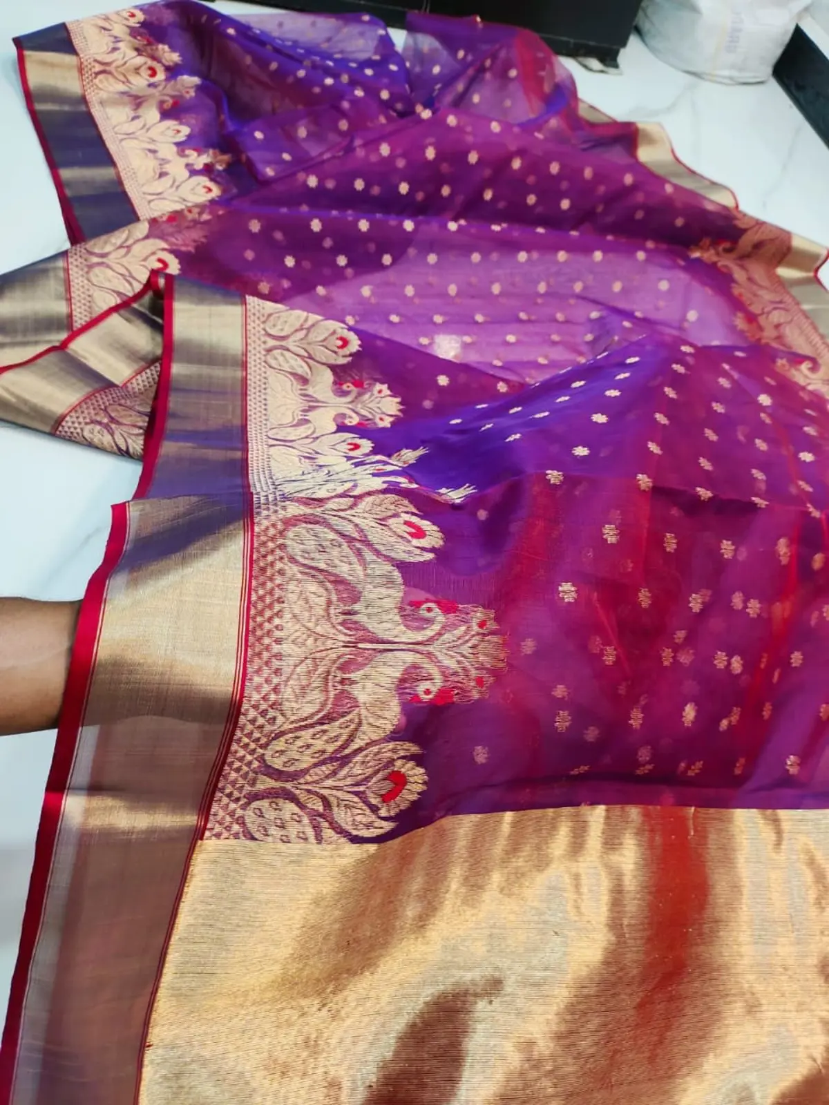 Regal Amethyst with Opulent Peacock Zari Border Kataan Silk - Handloom Chanderi Saree