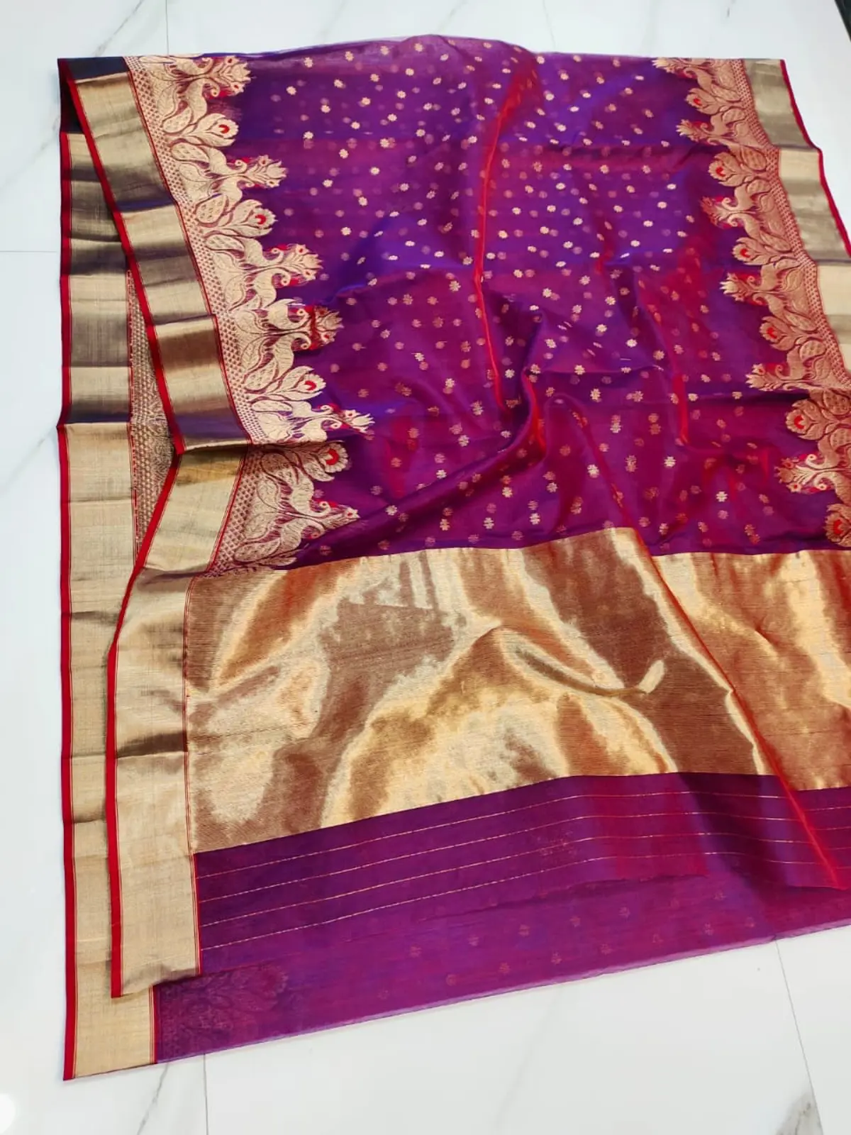 Handwoven Amethyst Purple Regal Amethyst with Opulent Peacock Zari Border Kataan Silk - Authentic Chanderi Silk Saree Chanderi Saree - View 2