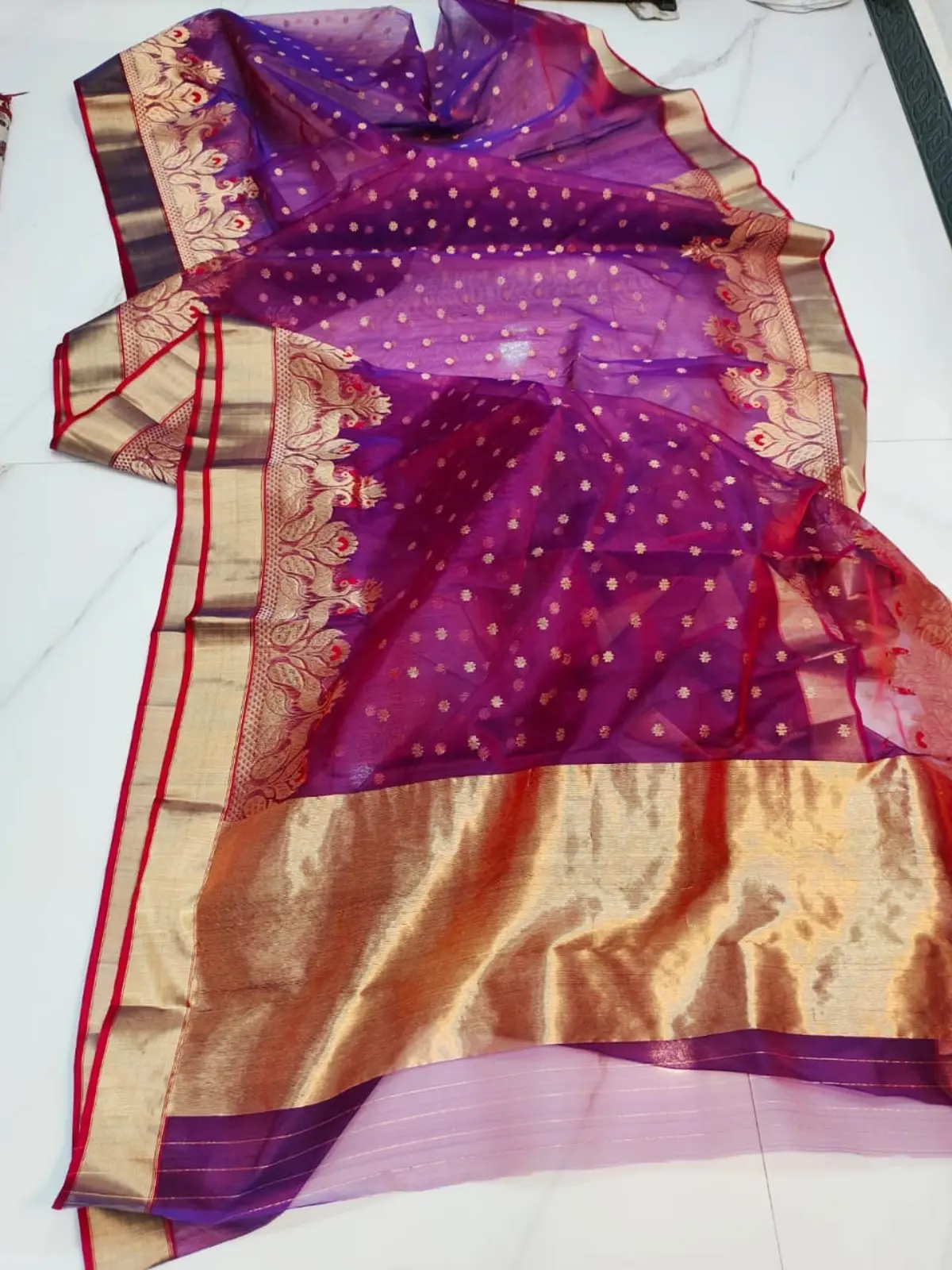 Handwoven Amethyst Purple Regal Amethyst with Opulent Peacock Zari Border Kataan Silk - Authentic Chanderi Silk Saree Chanderi Saree - View 3