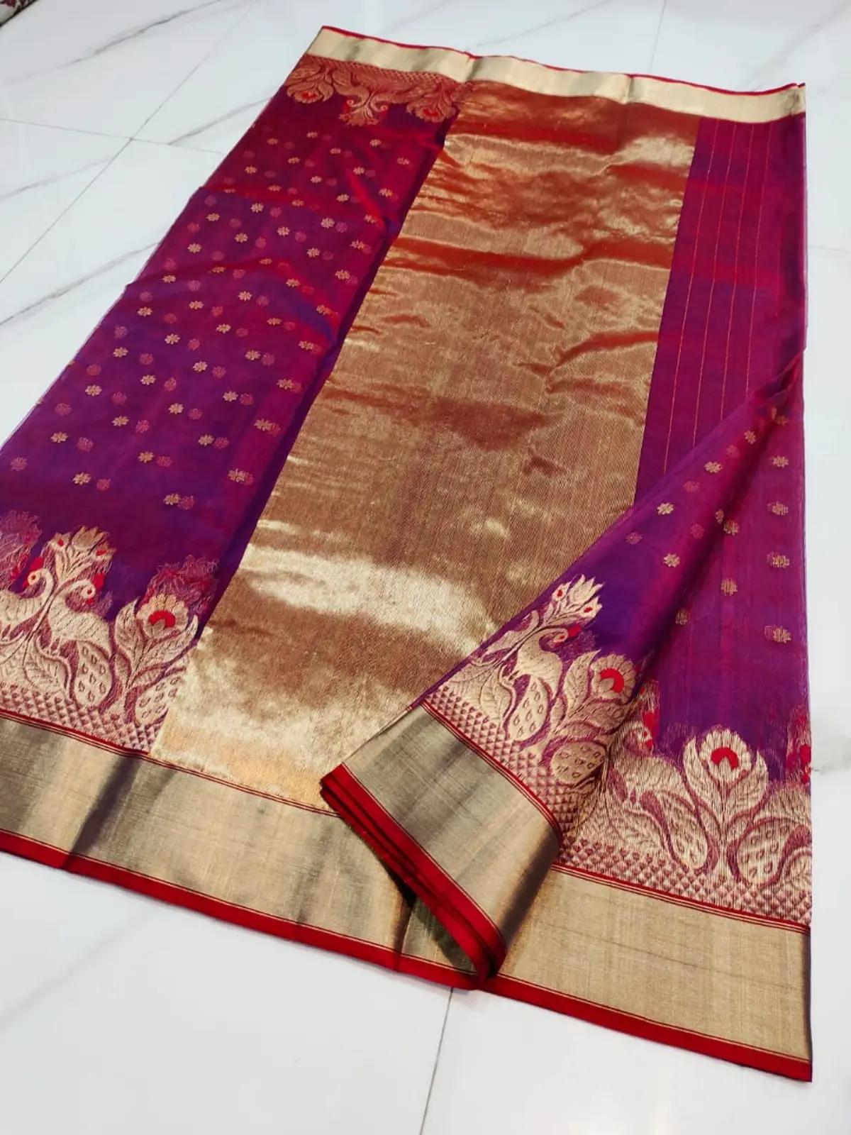 Handwoven Amethyst Purple Regal Amethyst with Opulent Peacock Zari Border Kataan Silk - Authentic Chanderi Silk Saree Chanderi Saree - View 4