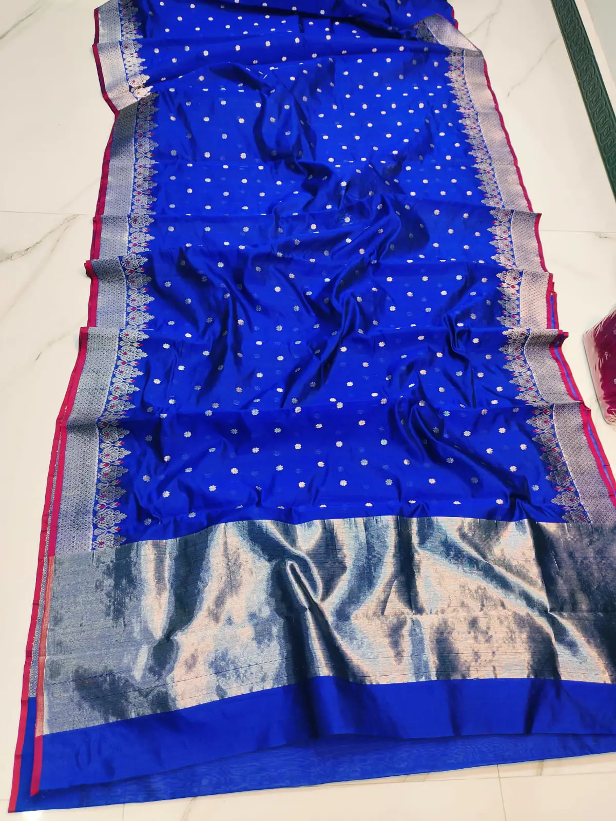 Handwoven Regal Cobalt with Silver and Fuchsia Accents Regal Cobalt with Silver and Fuchsia Accents Pattu Silk Saree - Authentic Chanderi Silk Saree Chanderi Saree - View 1