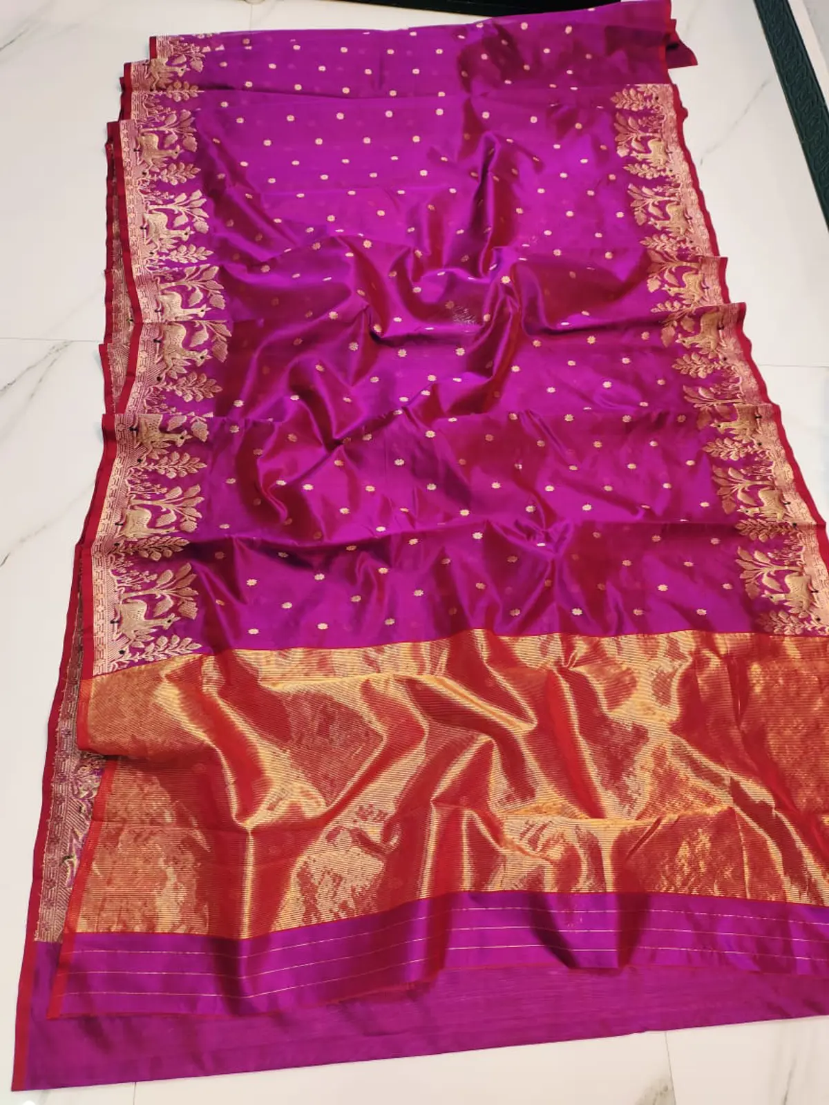 Handwoven Regal Fuchsia, Deep Maroon & Antique Gold Regal Fuchsia, Deep Maroon & Antique Gold Pattu Silk Saree - Authentic Chanderi Silk Saree Chanderi Saree