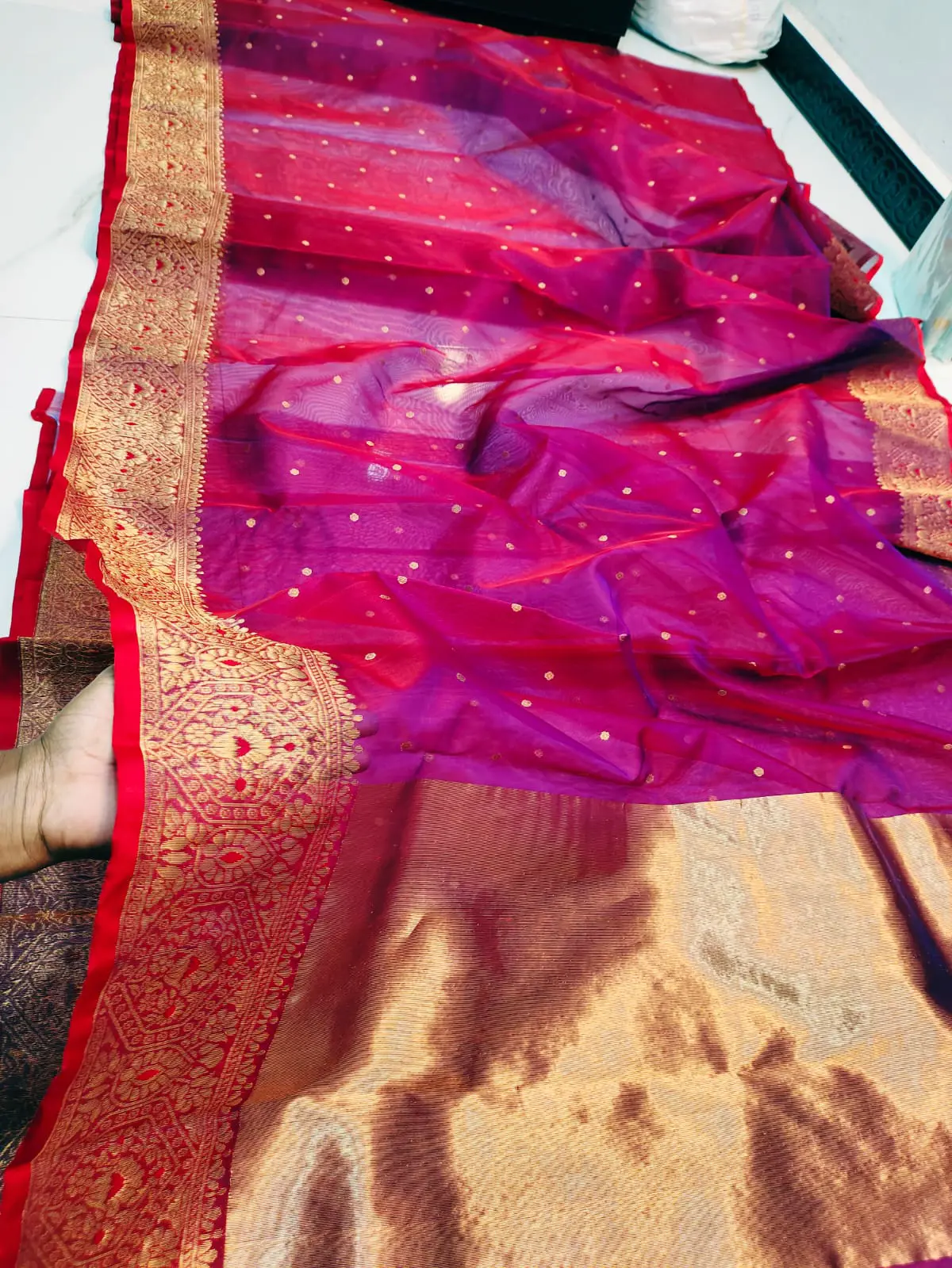 Regal Fuchsia with Opulent Gold Zari Booti and Brocade Border Kataan Silk - Handloom Chanderi Saree