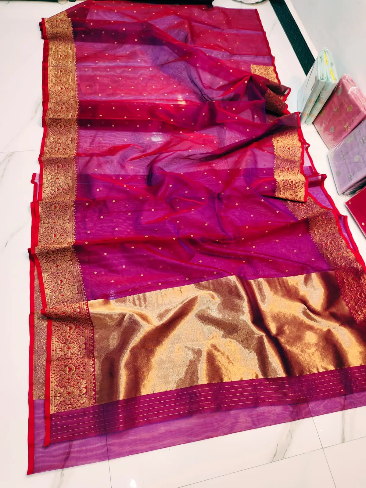 Handwoven Regal Fuchsia & Opulent Gold Regal Fuchsia with Opulent Gold Zari Booti and Brocade Border Kataan Silk - Authentic Chanderi Silk Saree Chanderi Saree - View 2