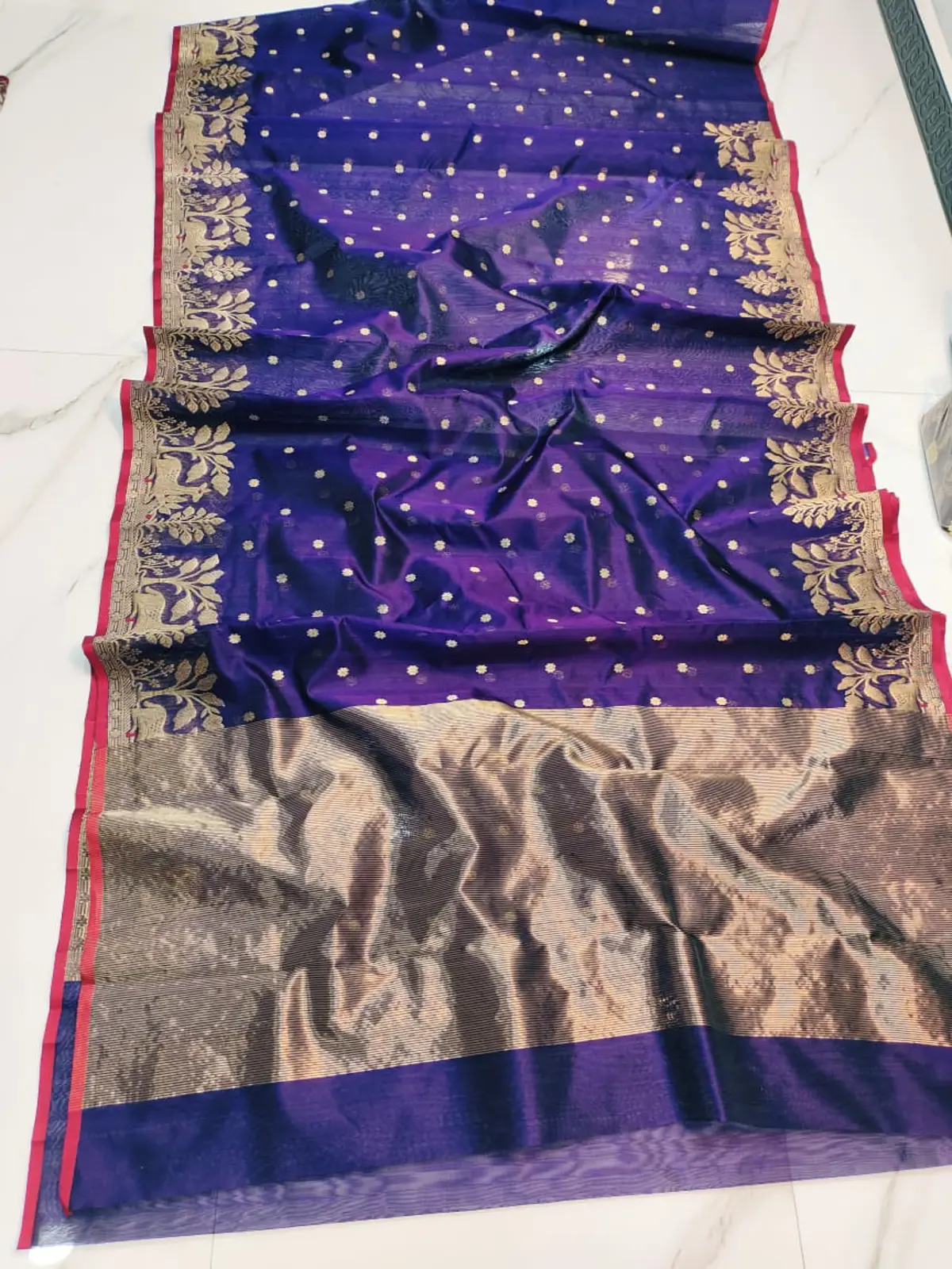 Handwoven Regal Indigo & Antique Gold Regal Indigo & Antique Gold Pattu Silk Saree - Authentic Chanderi Silk Saree Chanderi Saree