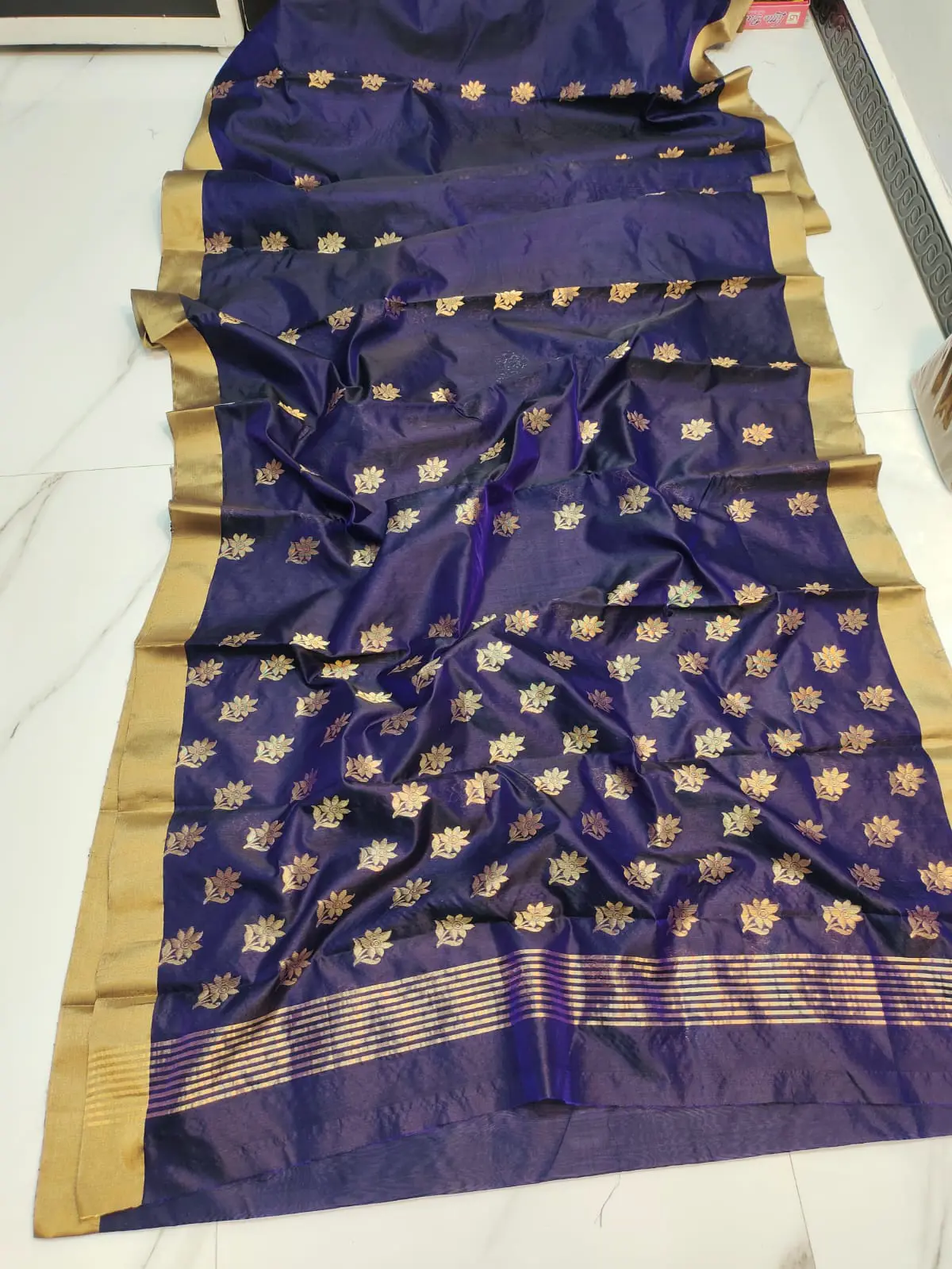 Regal Indigo with Antique Gold Floral Buttis and Zari Border Pattu Silk - Handloom Chanderi Saree