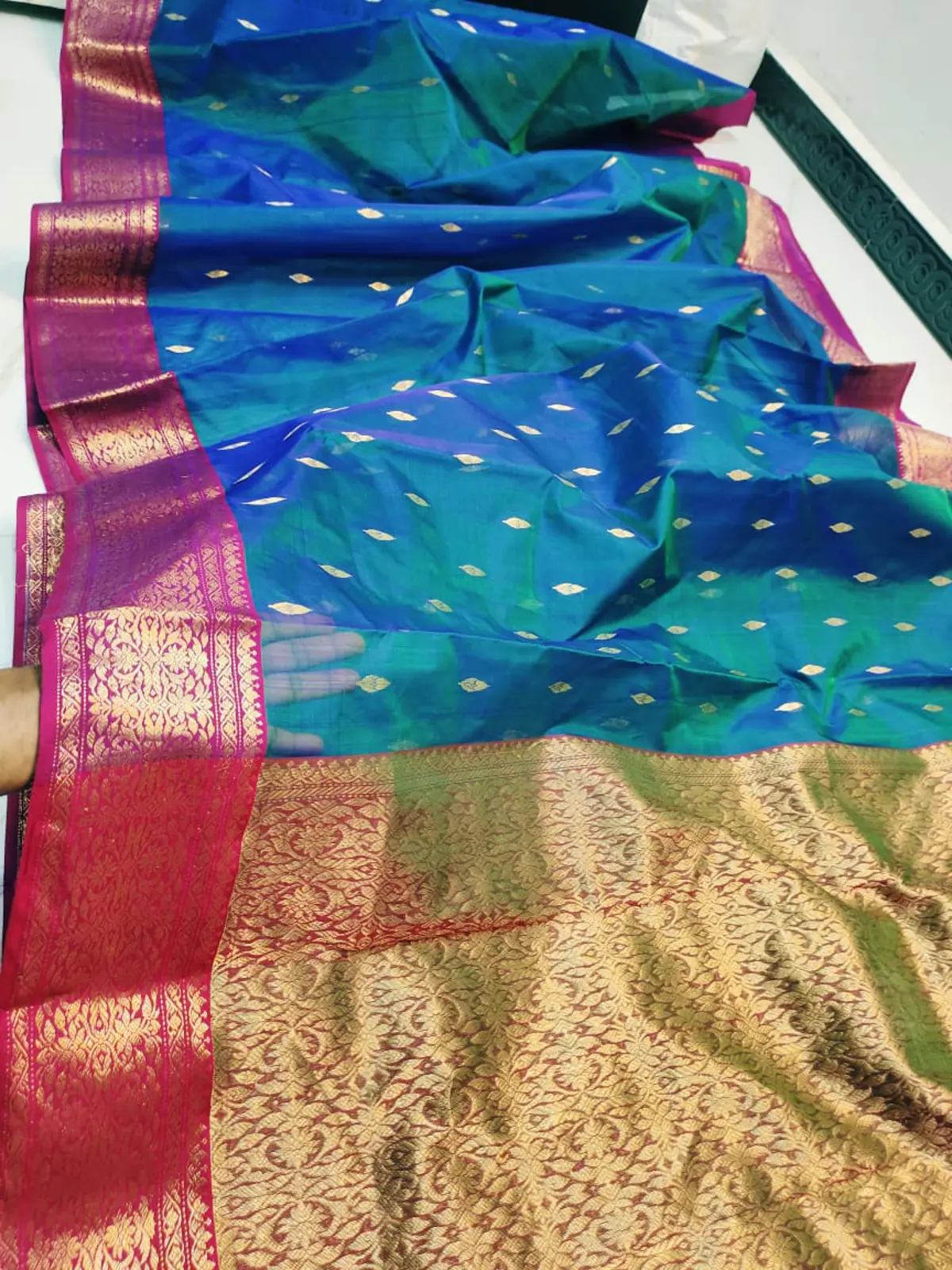 Regal Sapphire with Antique Gold Zari Buttis and Border Chanderi Silk - Handloom Chanderi Saree