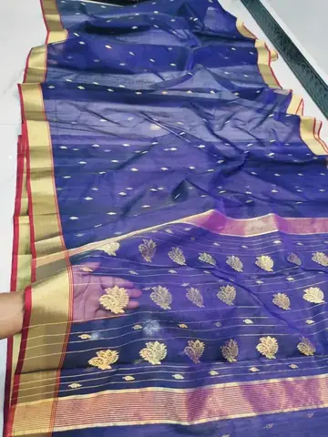 Handwoven Regal Sapphire & Gilded Gold Regal Sapphire with Gilded Zari Motifs Kataan Silk - Authentic Chanderi Silk Saree Chanderi Saree - View 1