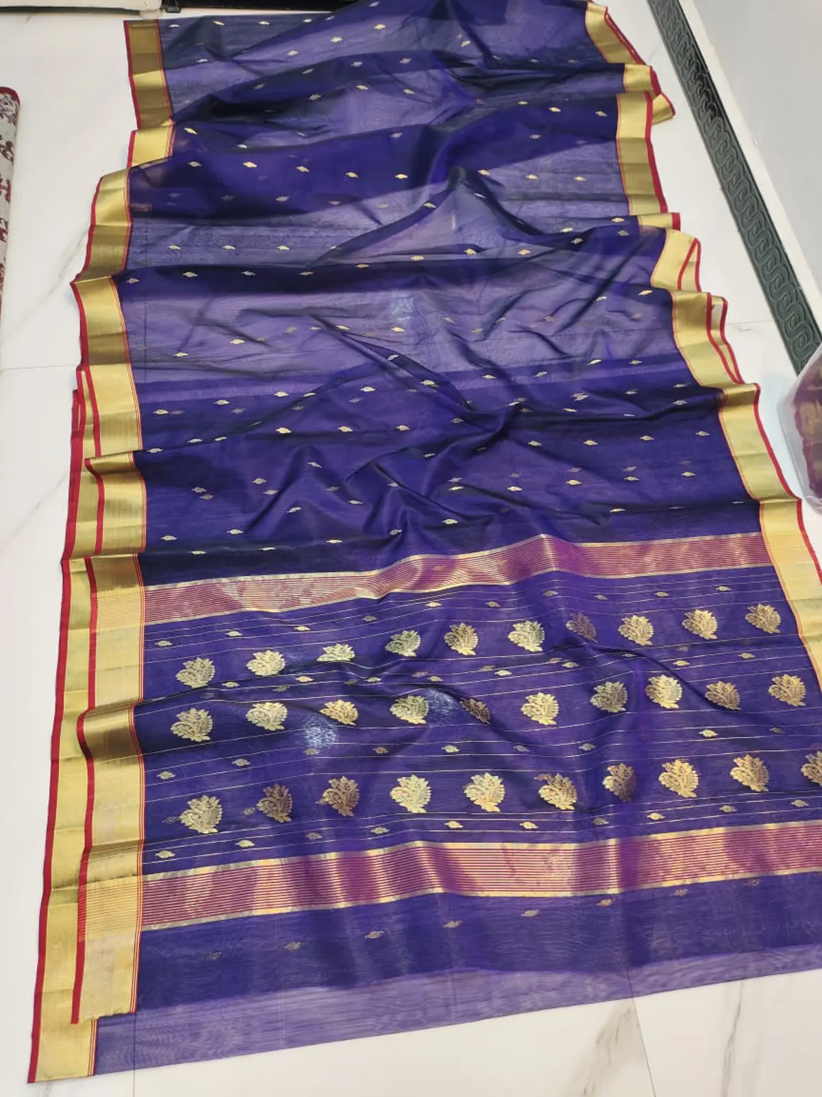 Handwoven Regal Sapphire & Gilded Gold Regal Sapphire with Gilded Zari Motifs Kataan Silk - Authentic Chanderi Silk Saree Chanderi Saree - View 2
