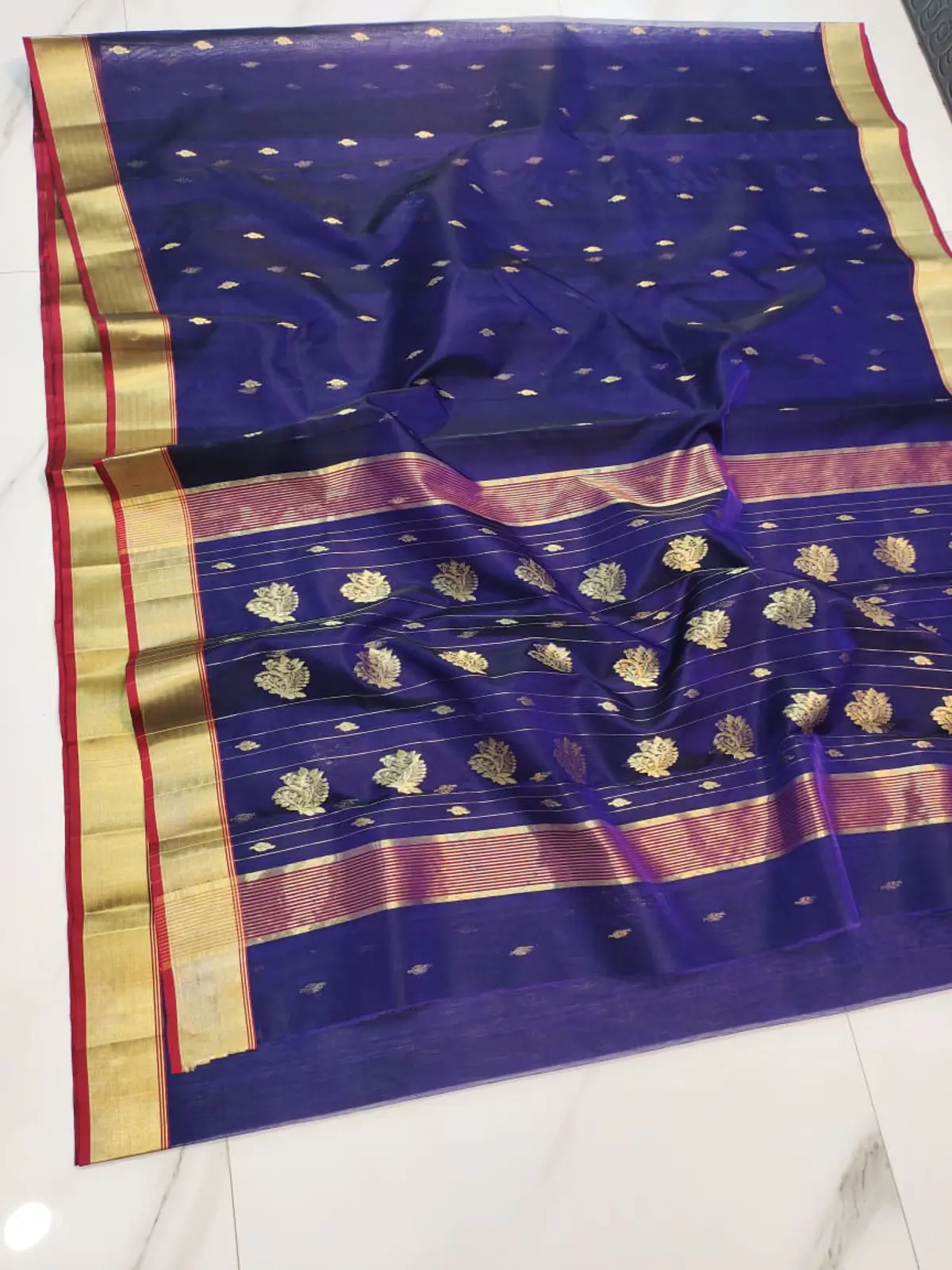 Handwoven Regal Sapphire & Gilded Gold Regal Sapphire with Gilded Zari Motifs Kataan Silk - Authentic Chanderi Silk Saree Chanderi Saree - View 3