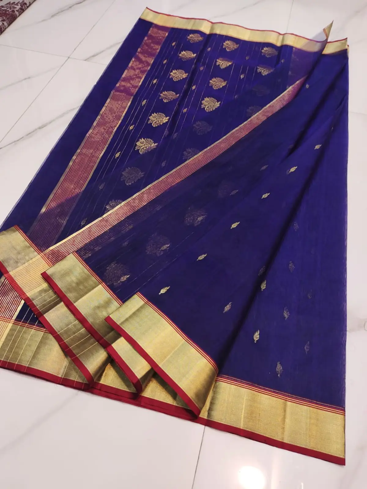 Handwoven Regal Sapphire & Gilded Gold Regal Sapphire with Gilded Zari Motifs Kataan Silk - Authentic Chanderi Silk Saree Chanderi Saree - View 4
