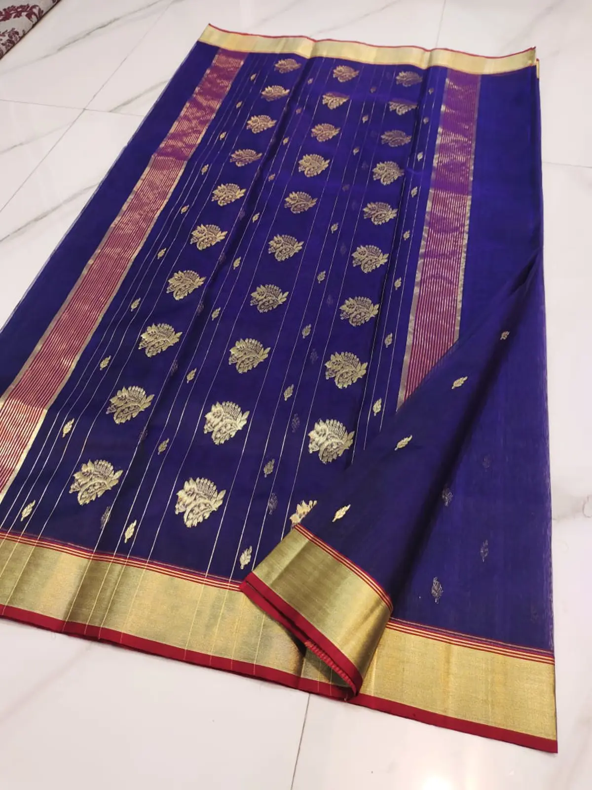 Handwoven Regal Sapphire & Gilded Gold Regal Sapphire with Gilded Zari Motifs Kataan Silk - Authentic Chanderi Silk Saree Chanderi Saree - View 5
