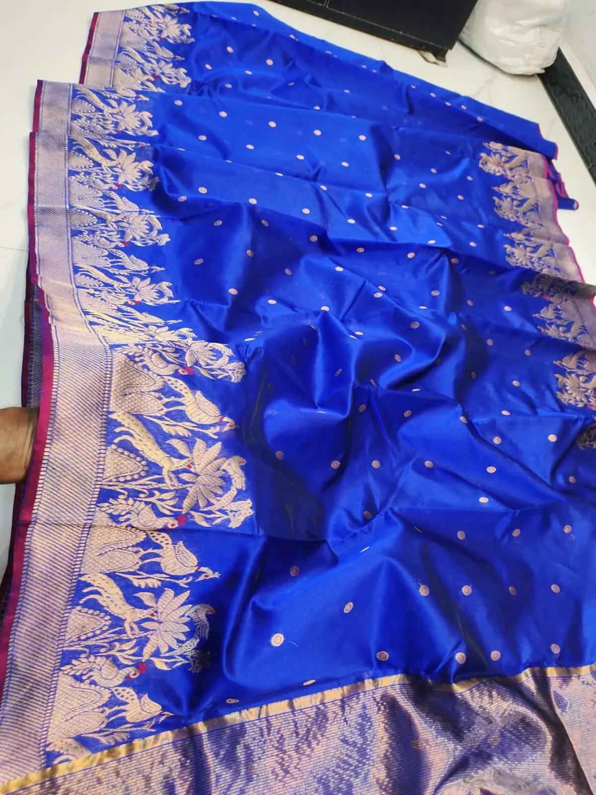 Regal Sapphire with Golden Peacock Zari Pattu Silk - Handloom Chanderi Saree