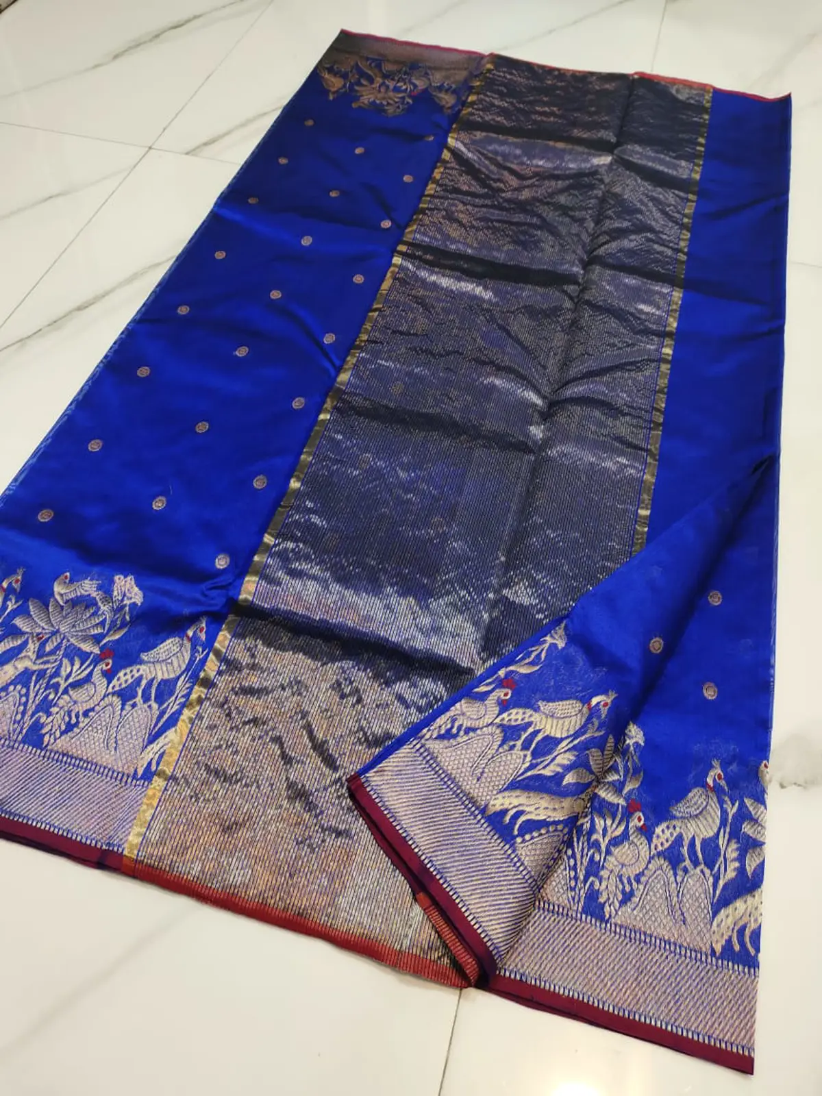 Handwoven Regal Sapphire & Antique Gold Regal Sapphire with Golden Peacock Zari Pattu Silk - Authentic Chanderi Silk Saree Chanderi Saree - View 4