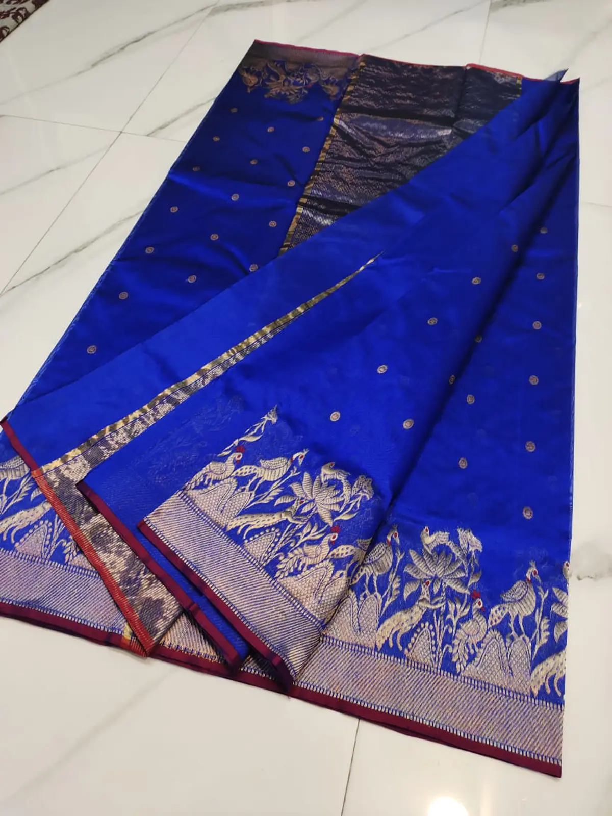 Handwoven Regal Sapphire & Antique Gold Regal Sapphire with Golden Peacock Zari Pattu Silk - Authentic Chanderi Silk Saree Chanderi Saree - View 5