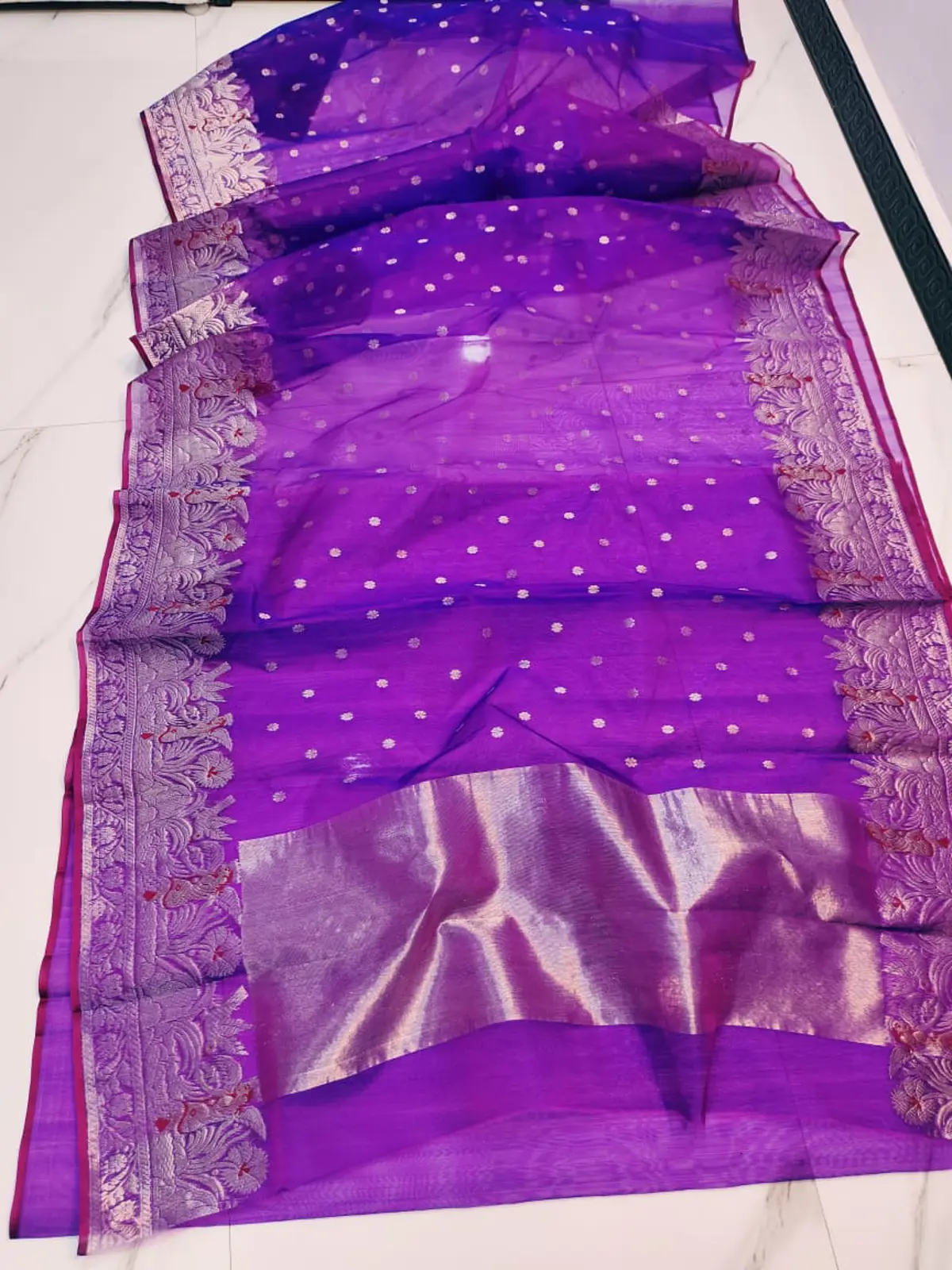 Regal Violet with Intricate Silver Zari Bootis and Peacock Motifs Kataan Silk - Handloom Chanderi Saree