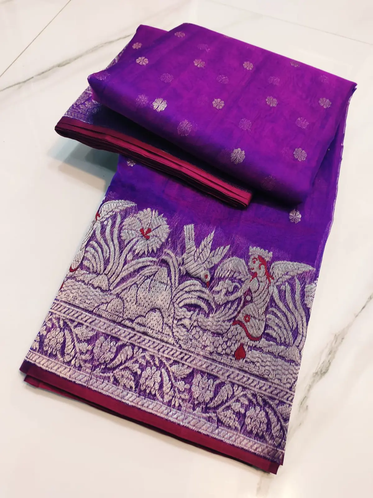 Handwoven Regal Violet Regal Violet with Intricate Silver Zari Bootis and Peacock Motifs Kataan Silk - Authentic Chanderi Silk Saree Chanderi Saree - View 4