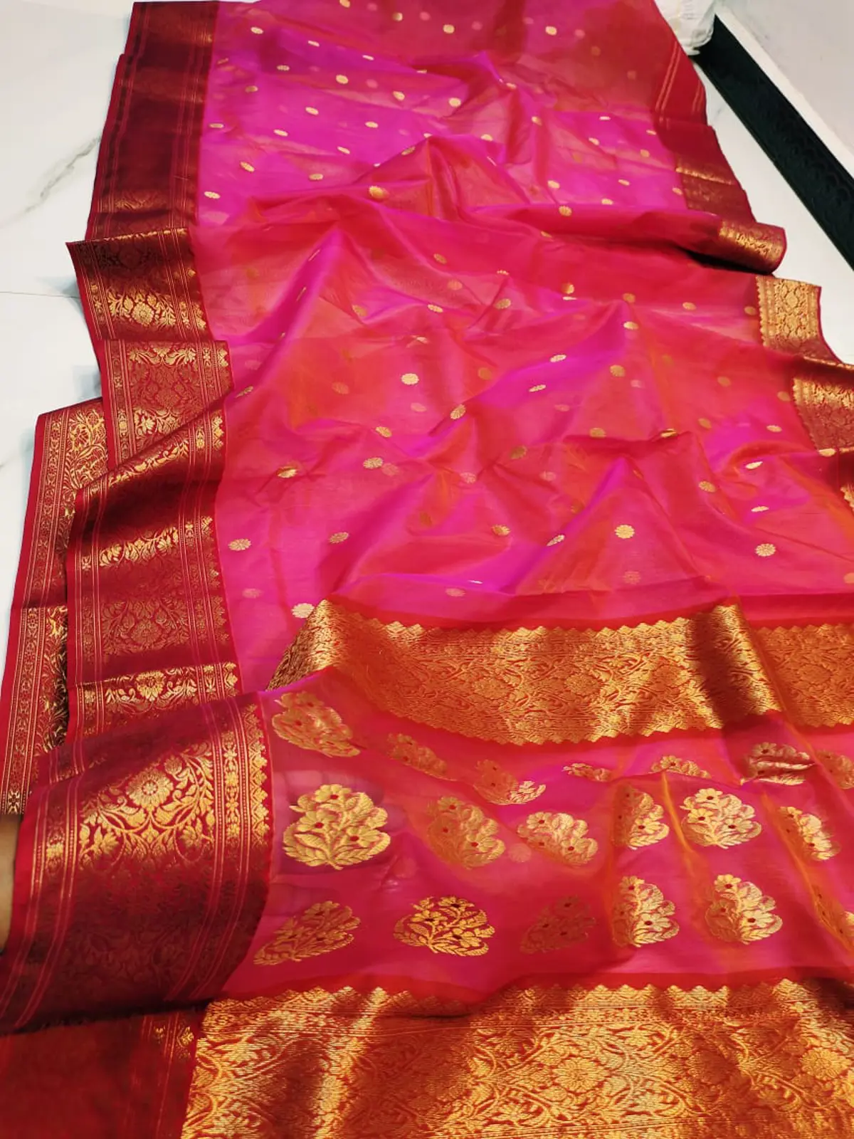 Rose Gold Blush with Intricate Floral Zari Kataan Silk - Handloom Chanderi Saree
