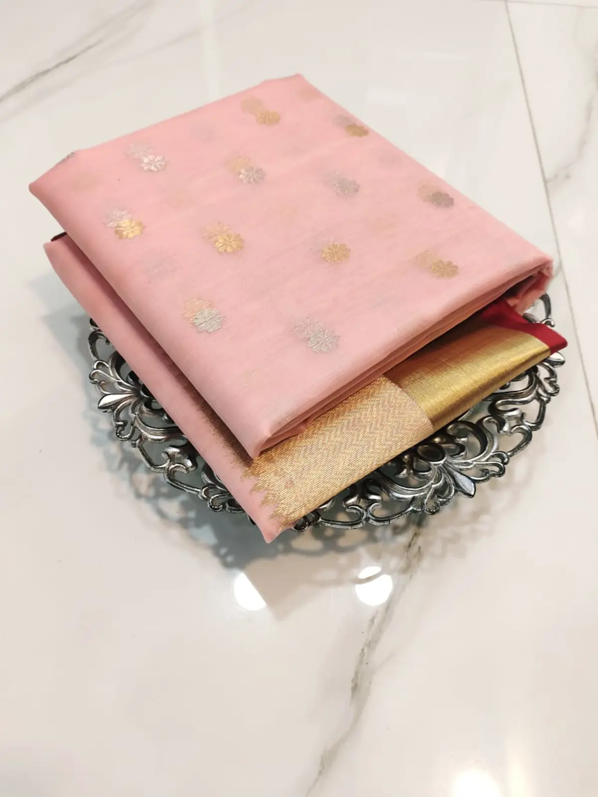 Handwoven Rose Quartz & Antique Gold Rose Quartz with Dual-Tone Zari Bootis and Chevron Border Kataan Silk - Authentic Chanderi Silk Saree Chanderi Saree