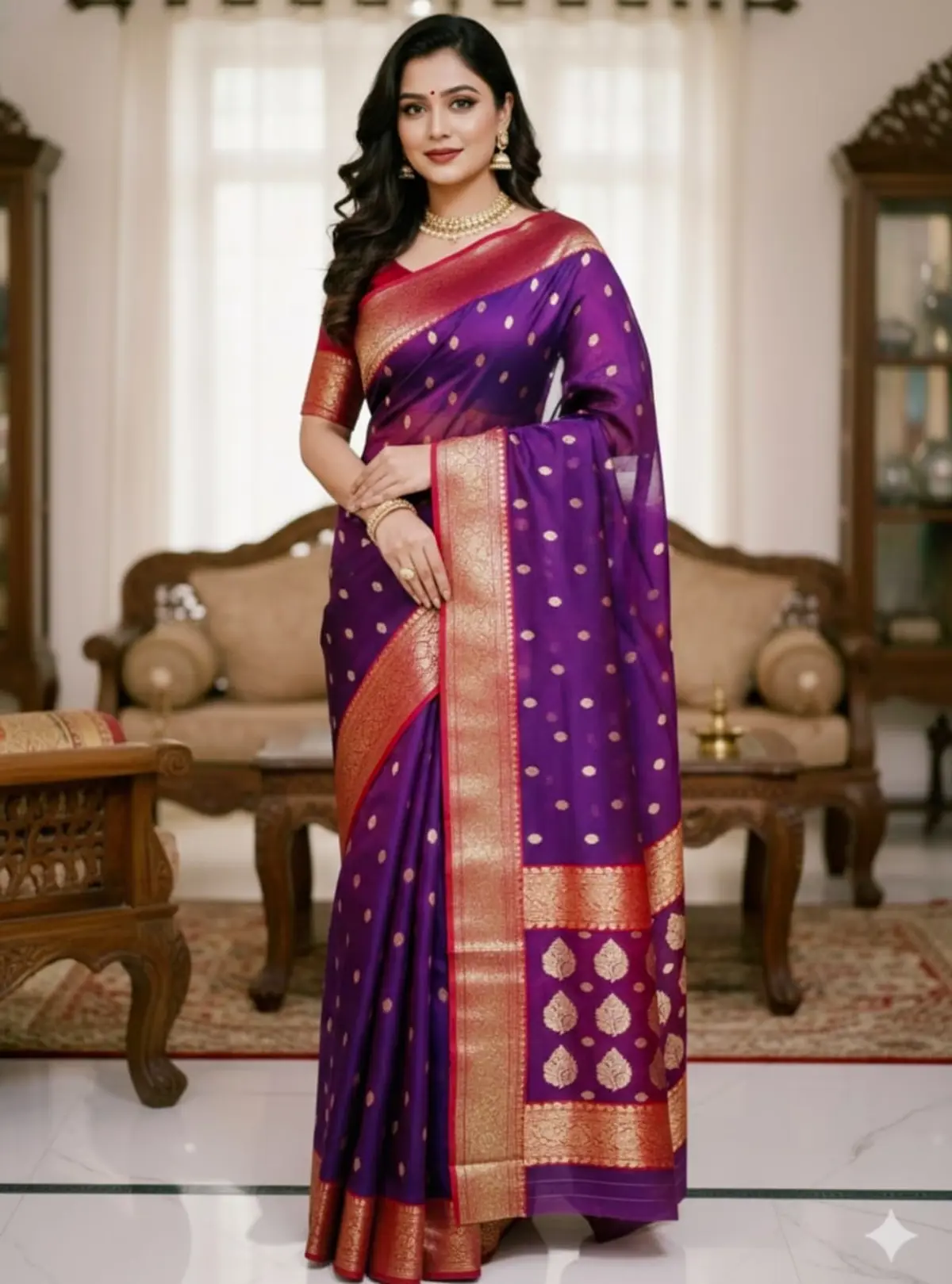 Handwoven Royal Amethyst Royal Amethyst with Antique Gold Booti Kataan Silk - Authentic Chanderi Silk Saree Chanderi Saree - View 1