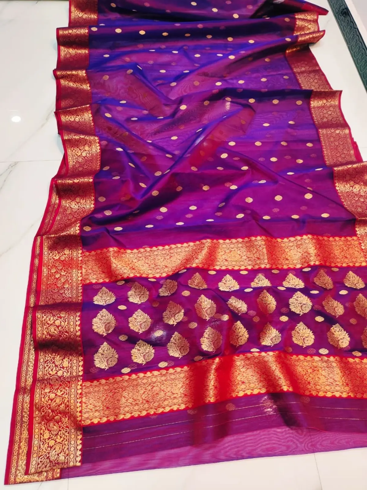 Handwoven Royal Amethyst Royal Amethyst with Antique Gold Booti Kataan Silk - Authentic Chanderi Silk Saree Chanderi Saree - View 4
