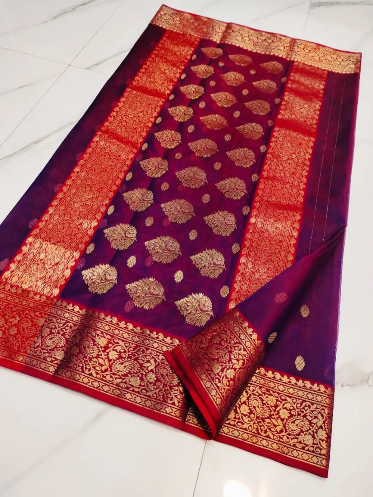 Handwoven Royal Amethyst Royal Amethyst with Antique Gold Booti Kataan Silk - Authentic Chanderi Silk Saree Chanderi Saree - View 5