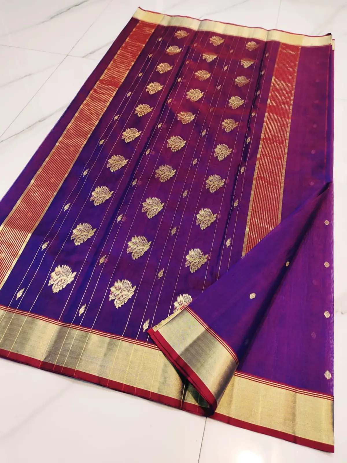 Handwoven Royal Amethyst & Antique Gold Royal Amethyst with Antique Gold Booti Chanderi Silk - Authentic Chanderi Silk Saree Chanderi Saree - View 4