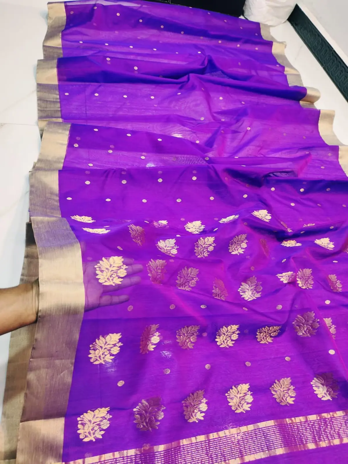 Royal Amethyst with Golden Floral Booti Chanderi Silk - Handloom Chanderi Saree