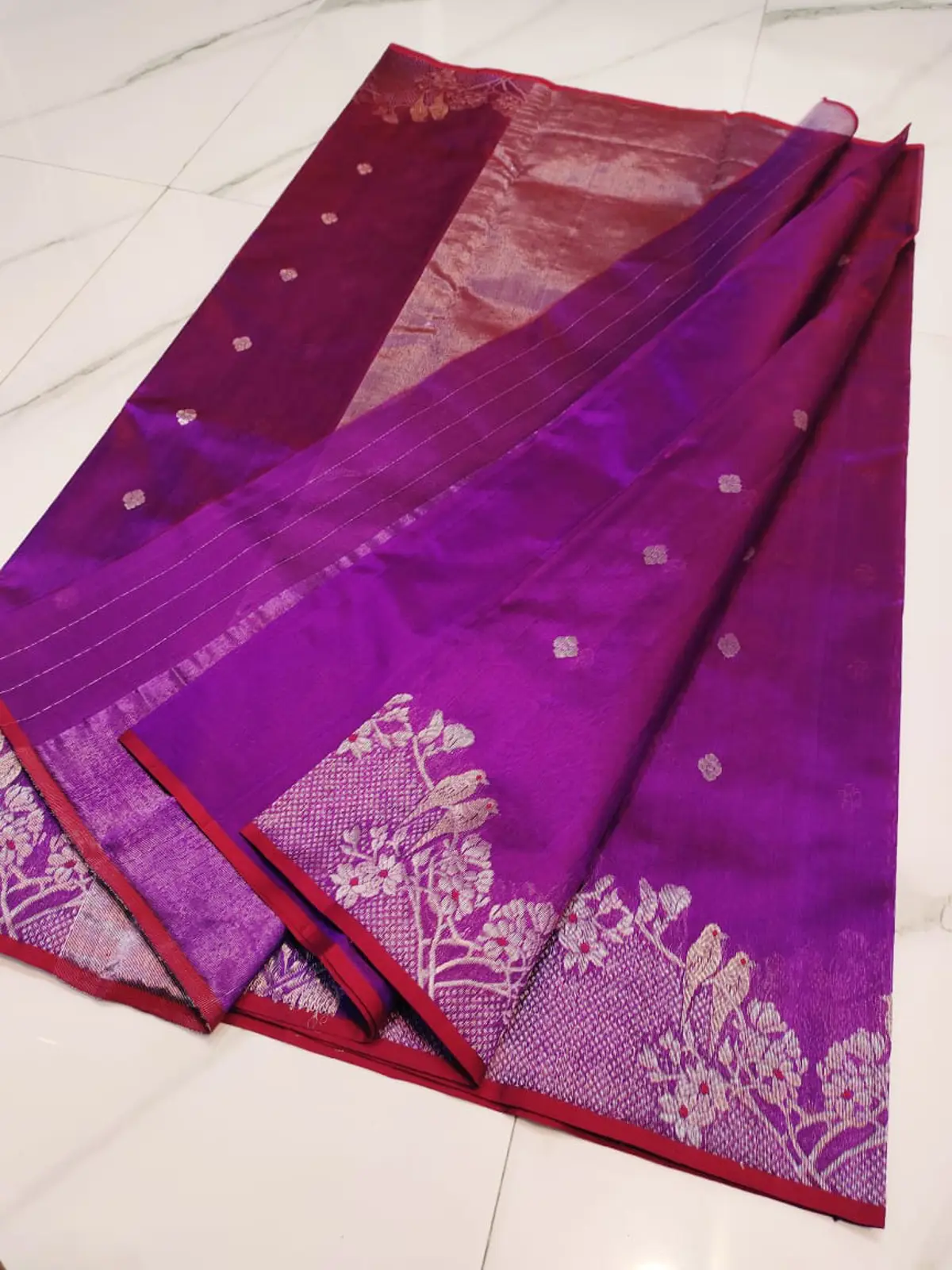 Handwoven Royal Amethyst & Silver Royal Amethyst with Silver Floral Border Pattu Silk - Authentic Chanderi Silk Saree Chanderi Saree - View 3