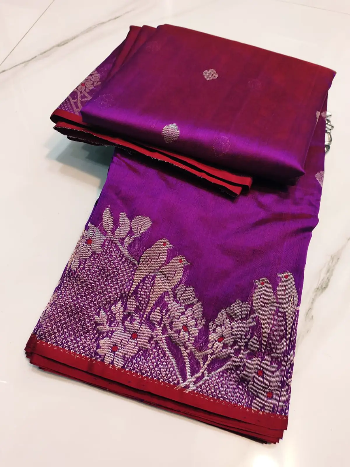 Handwoven Royal Amethyst & Silver Royal Amethyst with Silver Floral Border Pattu Silk - Authentic Chanderi Silk Saree Chanderi Saree - View 5