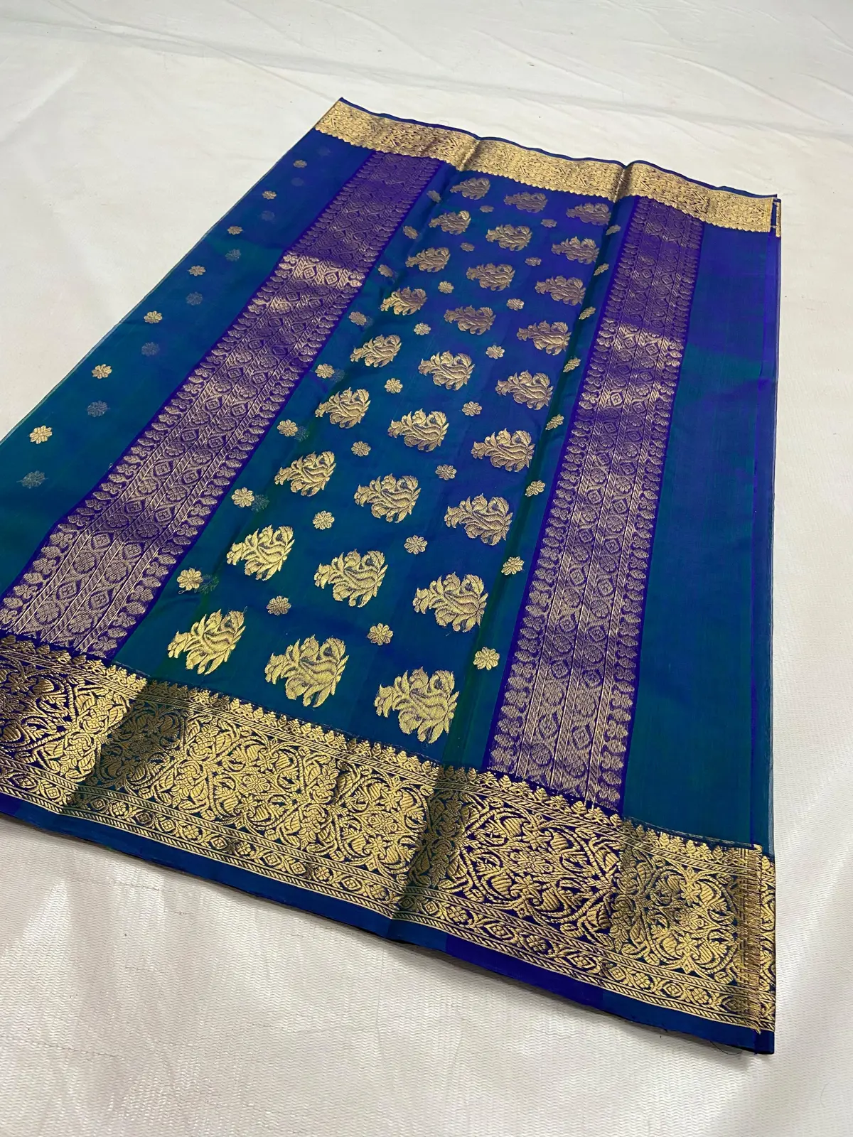 Handwoven Royal Blue & Teal Royal Blue with Intricate Gold Zari Kataan Silk - Authentic Chanderi Silk Saree Chanderi Saree - View 3