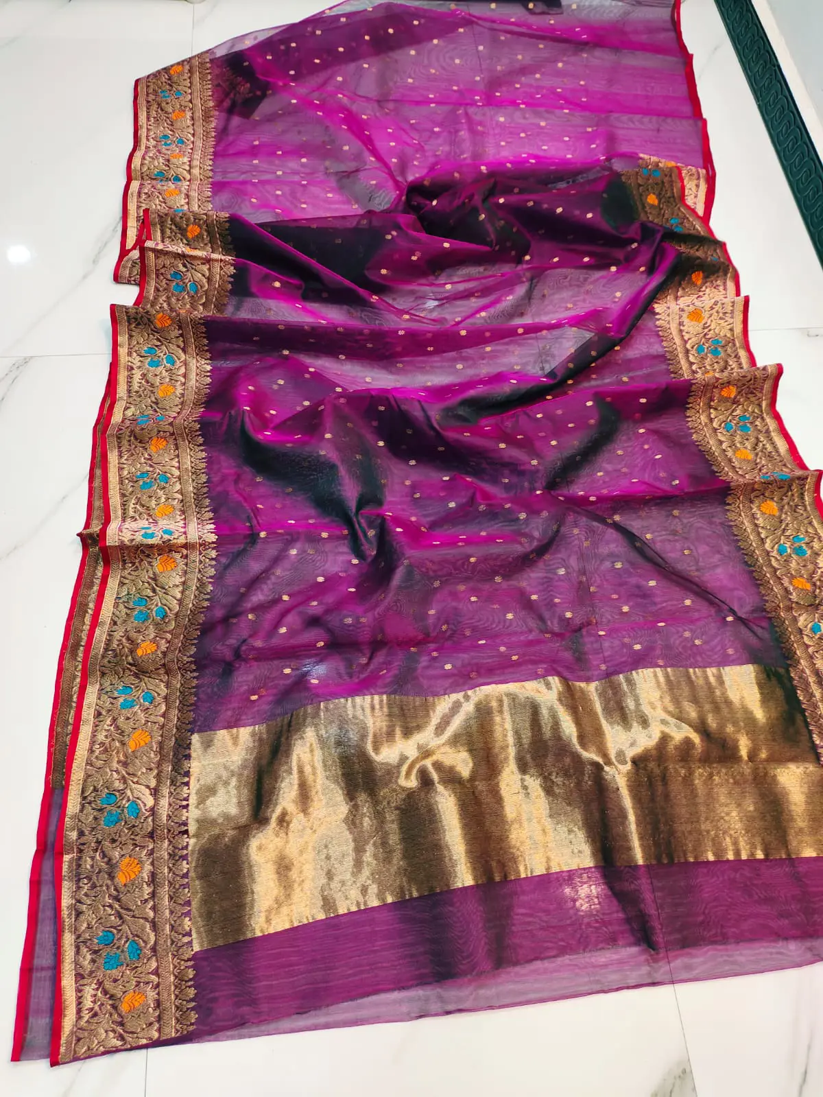 Handwoven Royal Magenta & Antique Gold with Meenakari Accents Royal Magenta with Antique Gold Zari and Floral Meenakari Kataan Silk - Authentic Chanderi Silk Saree Chanderi Saree - View 2