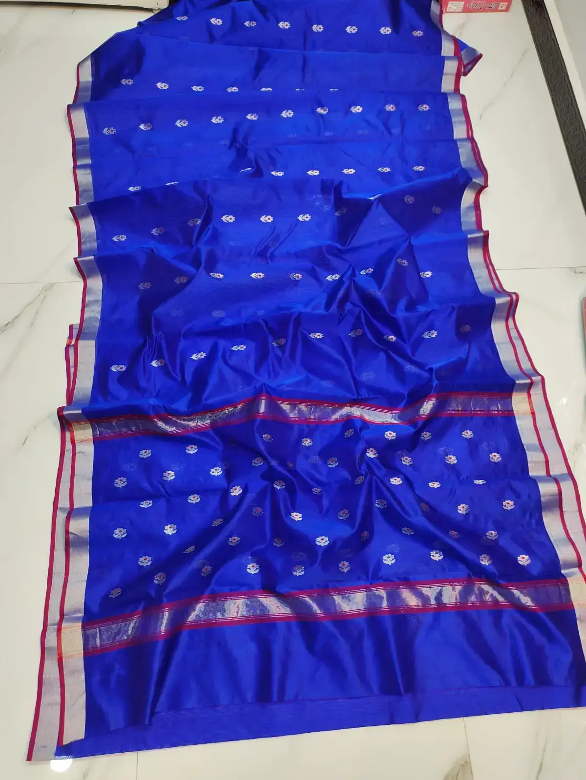 Handwoven Royal Sapphire with Sterling Silver & Crimson Accents Royal Sapphire with Sterling Silver and Crimson Accents Katan Silk Saree - Authentic Chanderi Silk Saree Chanderi Saree