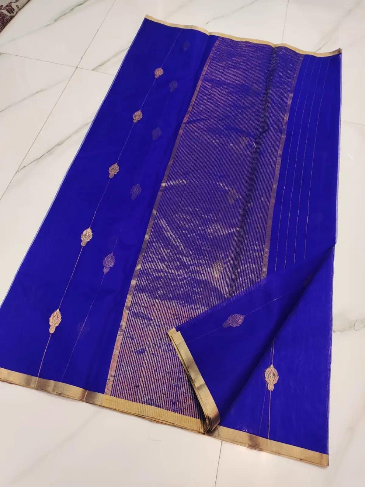Royal Sapphire with Vertical Zari Stripes and Leaf Bootis Kataan Silk - Handloom Chanderi Saree
