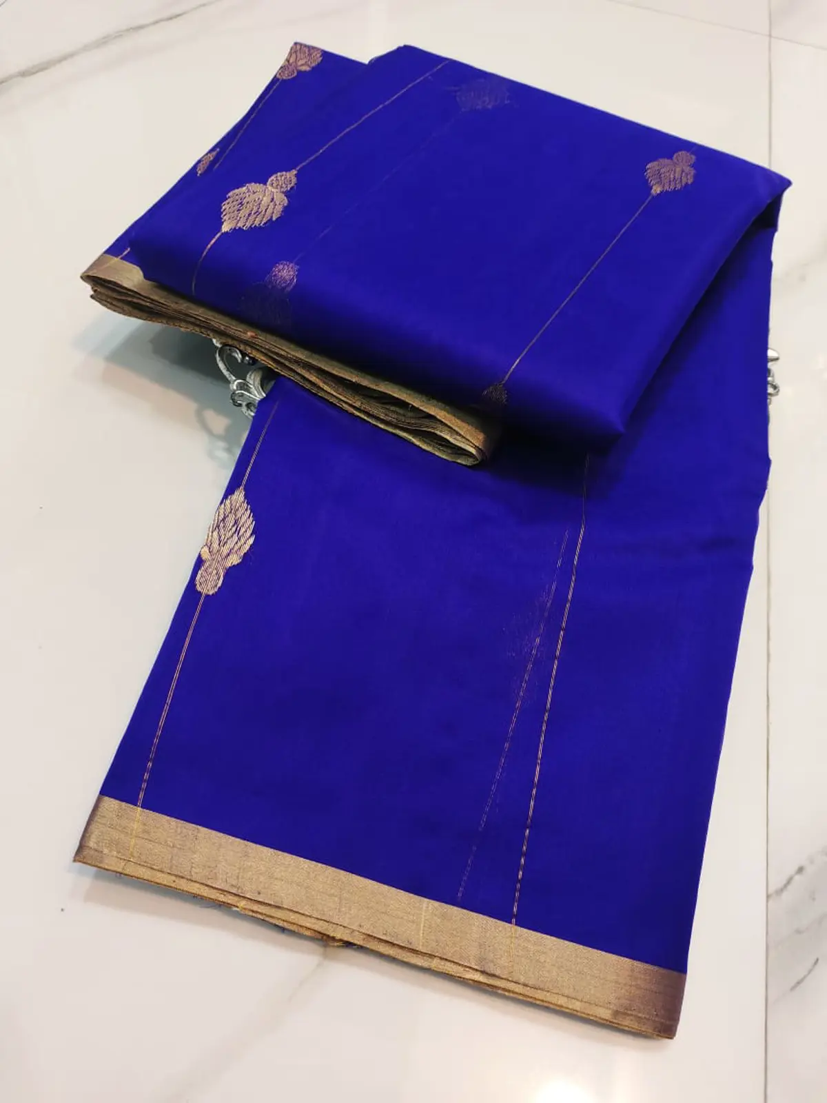 Handwoven Royal Sapphire Blue with Gold Zari Royal Sapphire with Vertical Zari Stripes and Leaf Bootis Kataan Silk - Authentic Chanderi Silk Saree Chanderi Saree - View 3