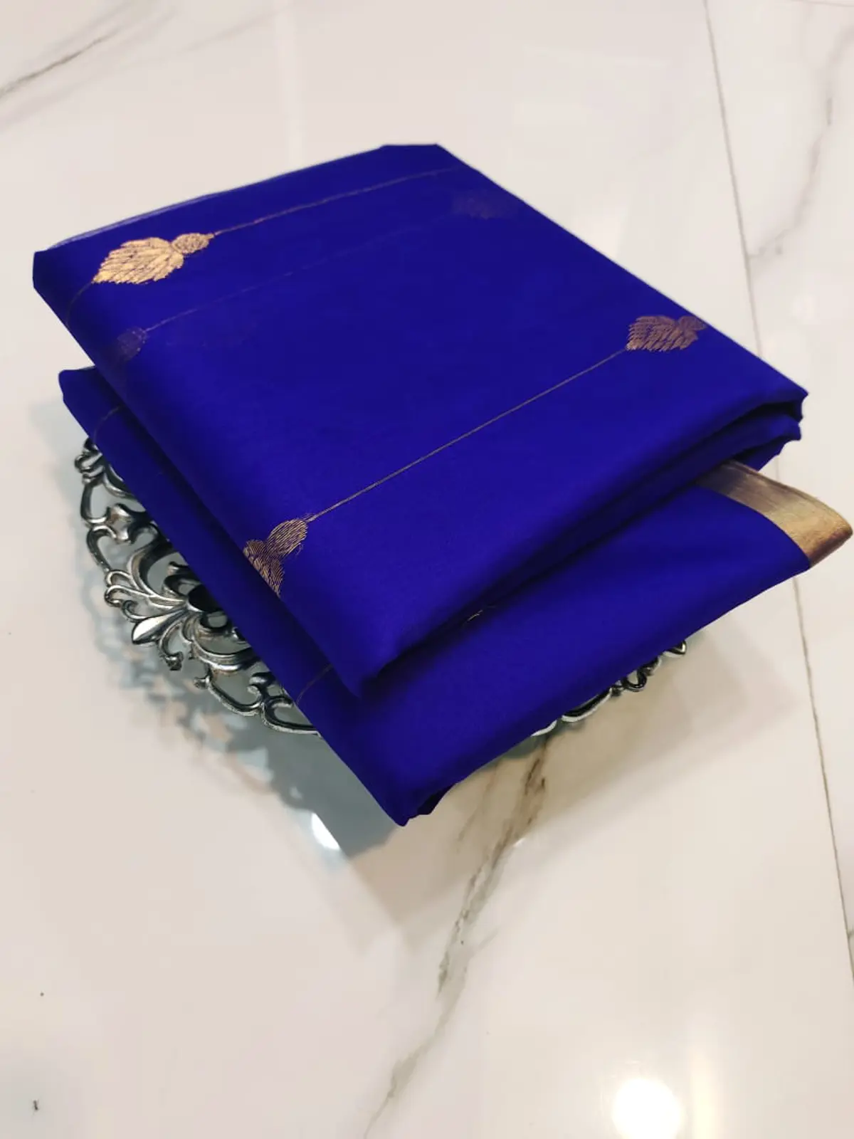Handwoven Royal Sapphire Blue with Gold Zari Royal Sapphire with Vertical Zari Stripes and Leaf Bootis Kataan Silk - Authentic Chanderi Silk Saree Chanderi Saree - View 4