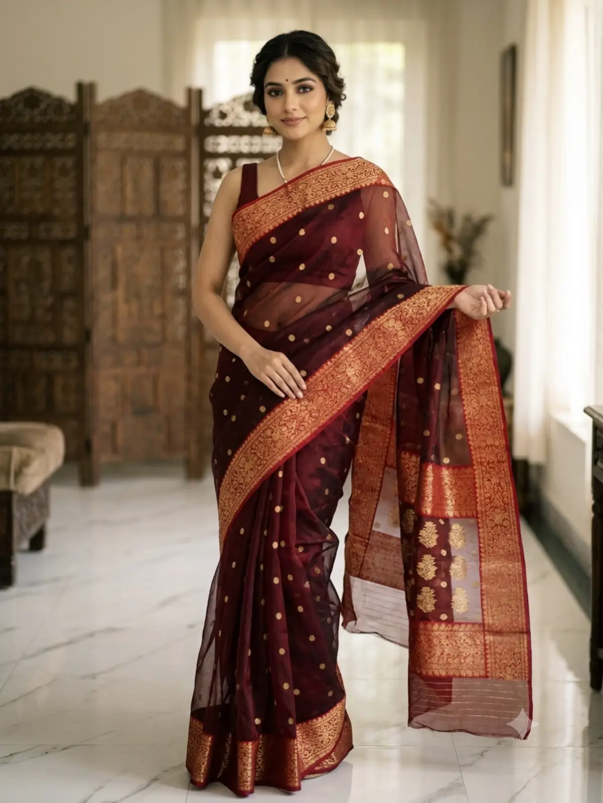 Ruby Maroon with Antique Gold Zari Buti and Border Kataan Silk - Handloom Chanderi Saree