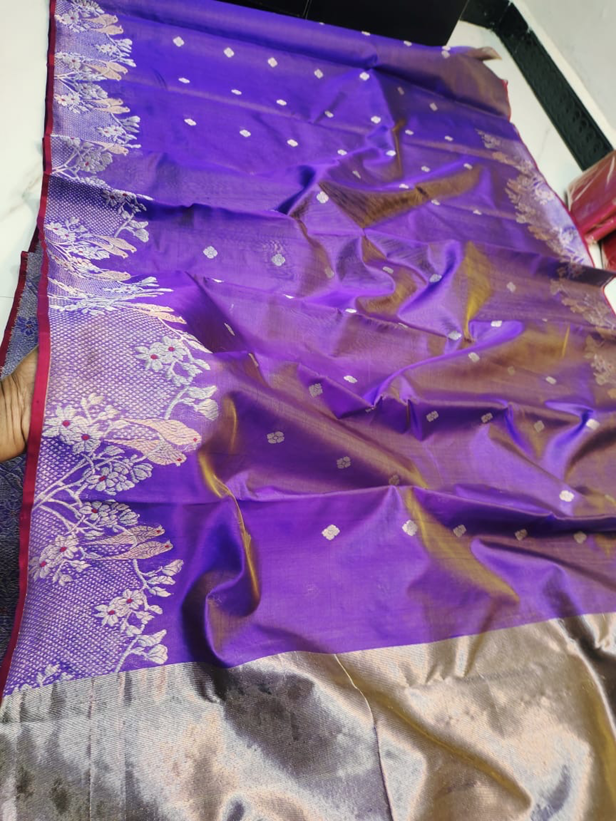 Handwoven Indigo Imperial Amethyst with Artisanal Silver Vana Mala Pattu Silk Saree - Authentic Chanderi Silk Saree Chanderi Saree - View 1