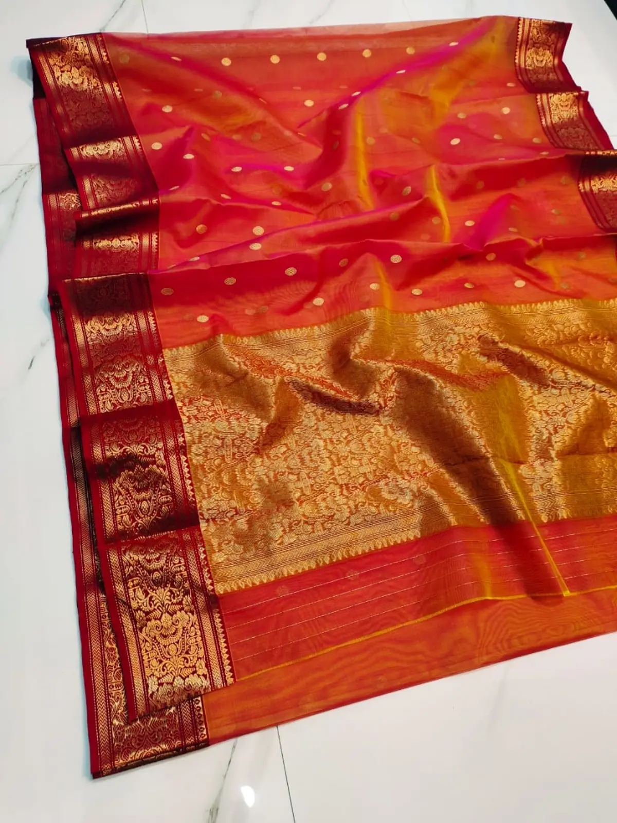 Handwoven Saffron Blaze, Regal Gold & Deep Burgundy Saffron Blaze, Regal Gold & Deep Burgundy Kataan Silk Saree - Authentic Chanderi Silk Saree Chanderi Saree